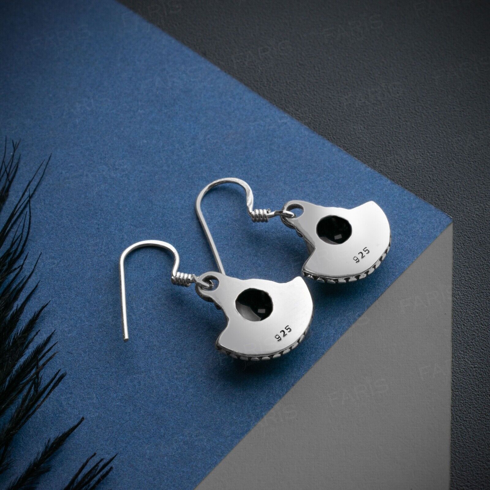 925 Sterling Silver Round Cut Onyx Gemstone Drop Dangle Ladies Fan Earrings