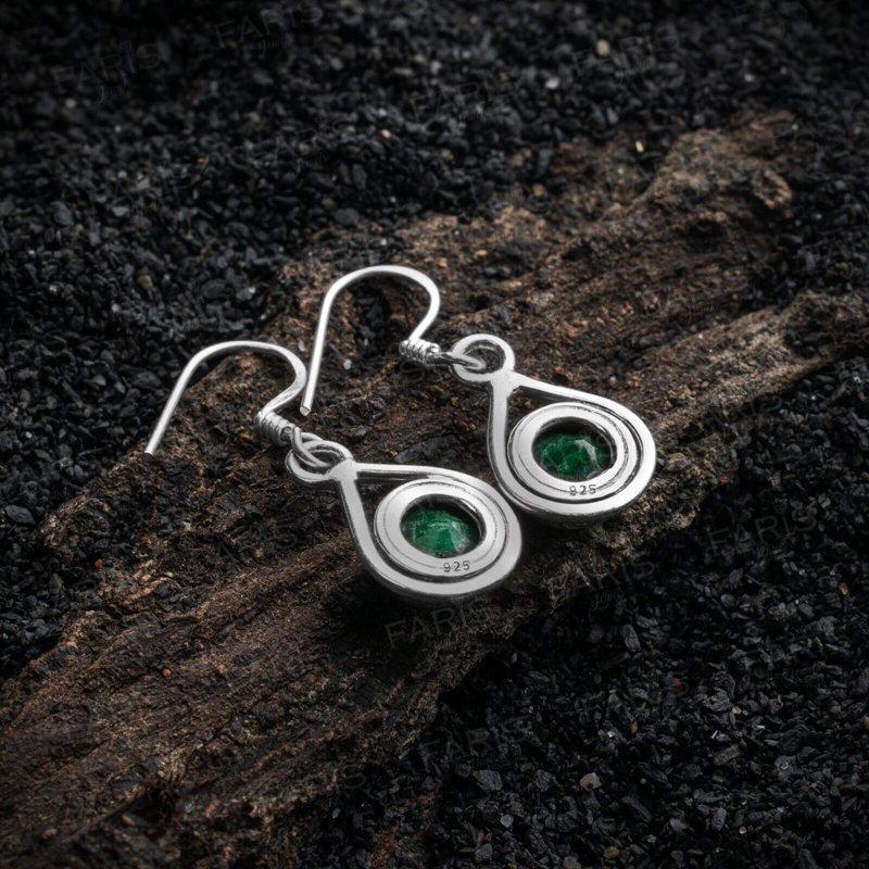 925 Sterling Silver Round Green Emerald Gemstone Drop Dangle Ladies Earrings