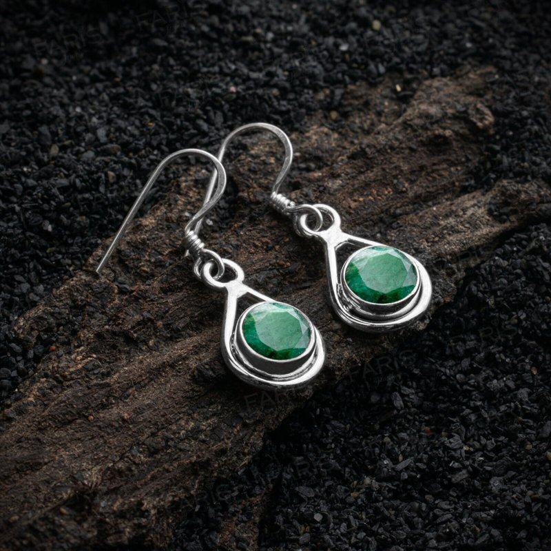 925 Sterling Silver Round Green Emerald Gemstone Drop Dangle Ladies Earrings