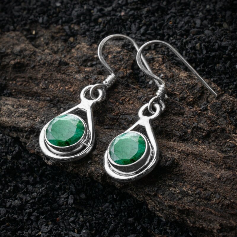 925 Sterling Silver Round Green Emerald Gemstone Drop Dangle Ladies Earrings