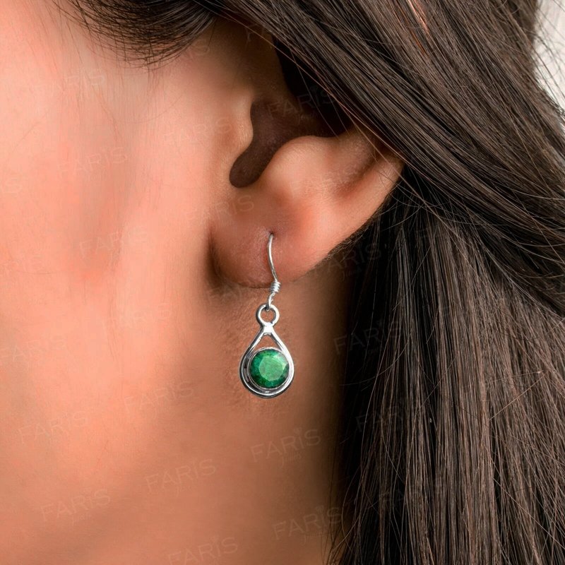 925 Sterling Silver Round Green Emerald Gemstone Drop Dangle Ladies Earrings