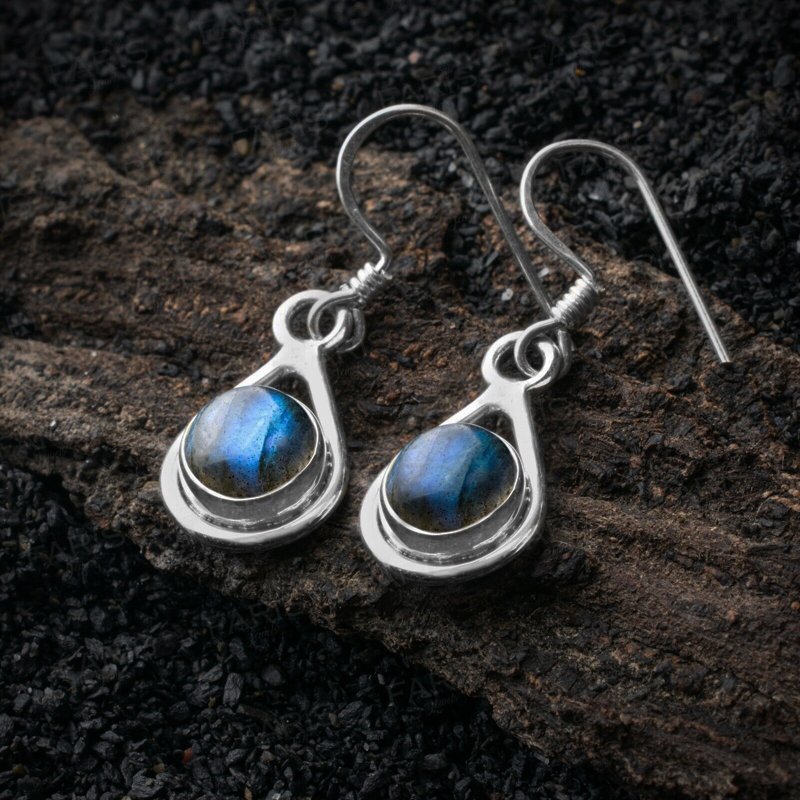 925 Sterling Silver Round Labradorite Gemstone Drop Dangle Ladies Earrings