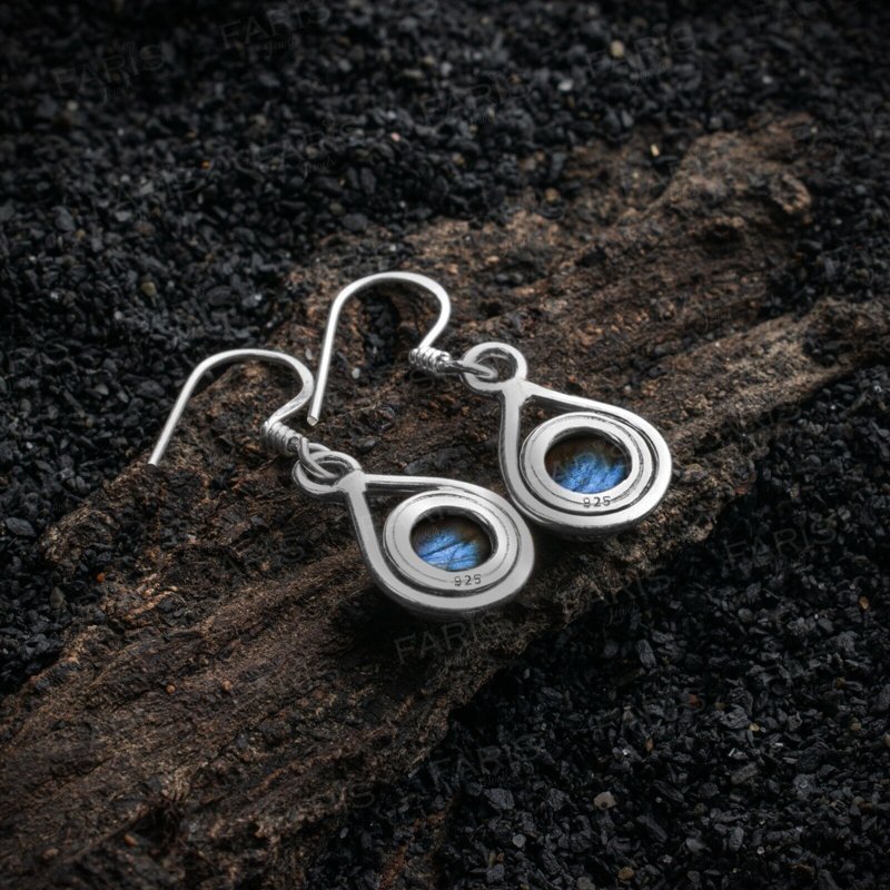 925 Sterling Silver Round Labradorite Gemstone Drop Dangle Ladies Earrings