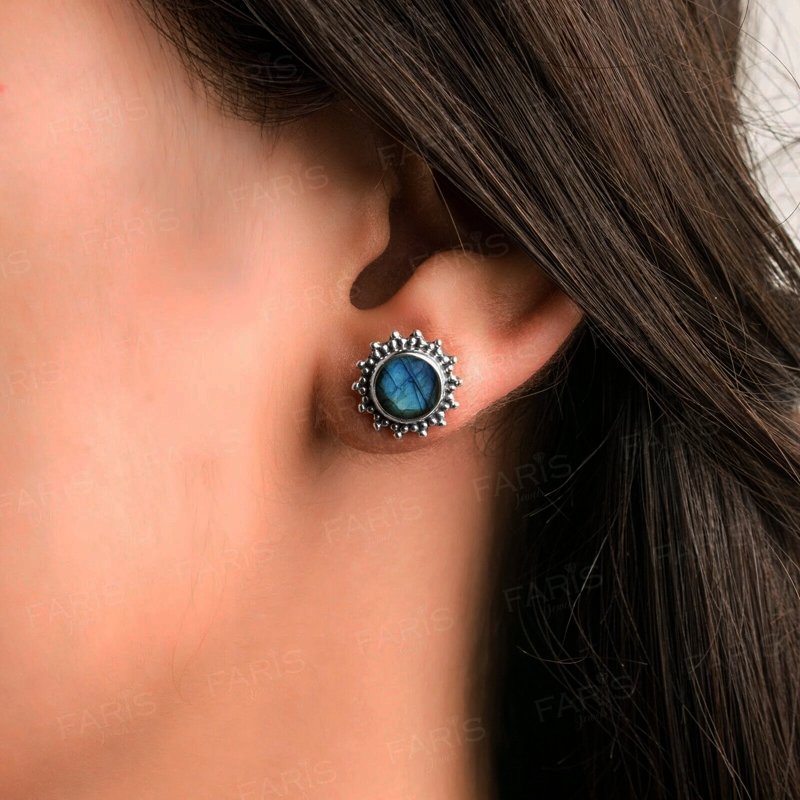 925 Sterling Silver Round Labradorite Sun Stud Ladies Earrings Jewellery Gift