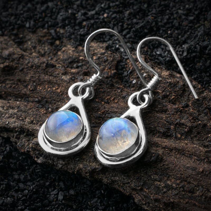 925 Sterling Silver Round Moonstone Gemstone Drop Dangle Ladies Earrings
