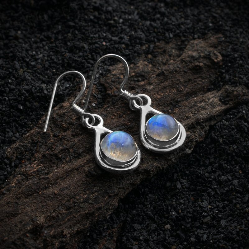 925 Sterling Silver Round Moonstone Gemstone Drop Dangle Ladies Earrings