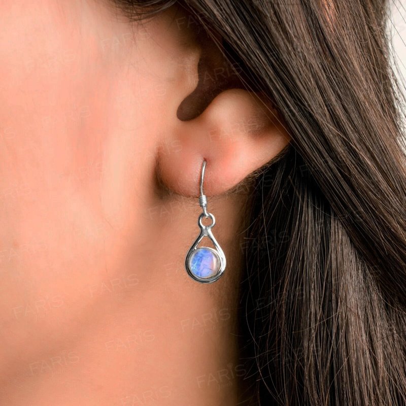 925 Sterling Silver Round Moonstone Gemstone Drop Dangle Ladies Earrings