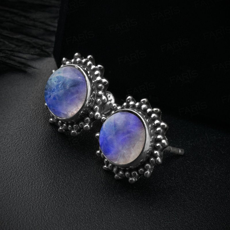 925 Sterling Silver Round Moonstone Sun Stud Ladies Earrings Jewellery Gift