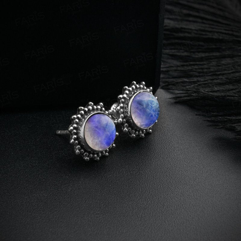 925 Sterling Silver Round Moonstone Sun Stud Ladies Earrings Jewellery Gift