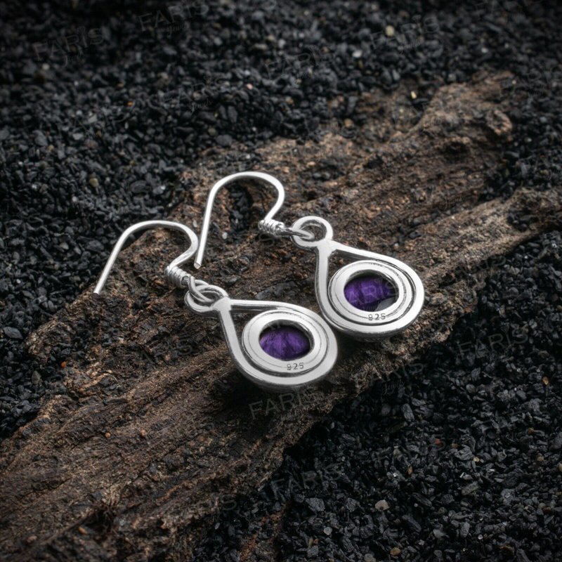 925 Sterling Silver Round Purple Amethyst Gemstone Drop Dangle Ladies Earrings