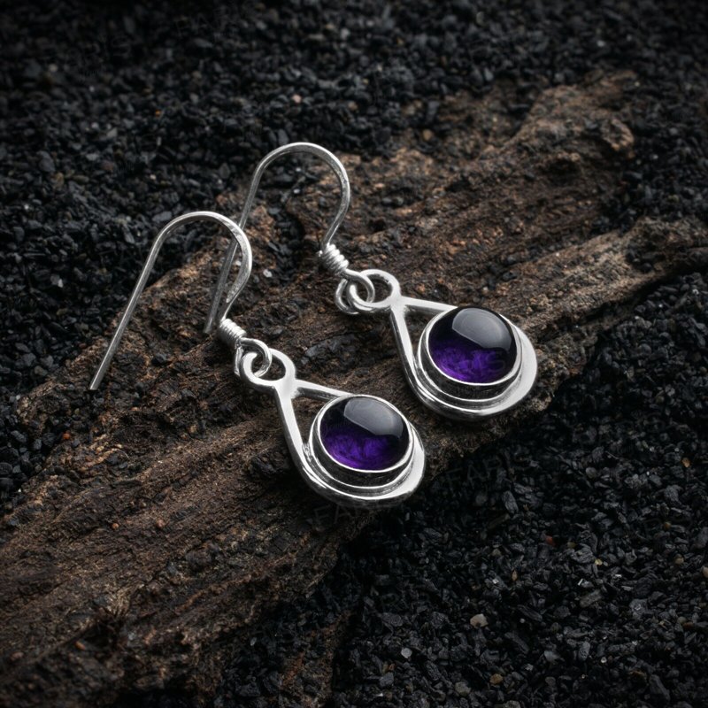 925 Sterling Silver Round Purple Amethyst Gemstone Drop Dangle Ladies Earrings