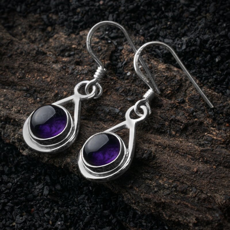 925 Sterling Silver Round Purple Amethyst Gemstone Drop Dangle Ladies Earrings