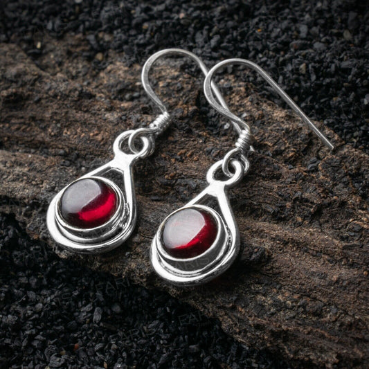 925 Sterling Silver Round Red Garnet Gemstone Drop Dangle Ladies Earrings - Faris Jewels
