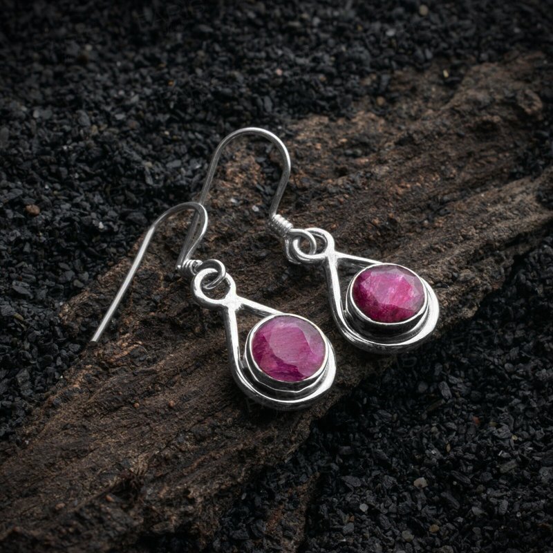925 Sterling Silver Round Red Ruby Gemstone Drop Dangle Ladies Earrings