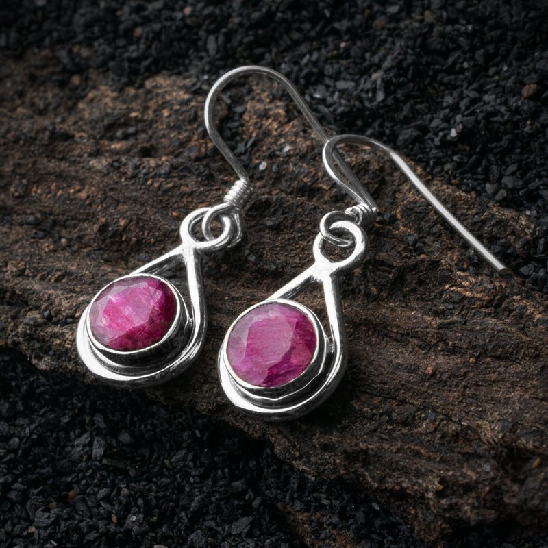 925 Sterling Silver Round Red Ruby Gemstone Drop Dangle Ladies Earrings