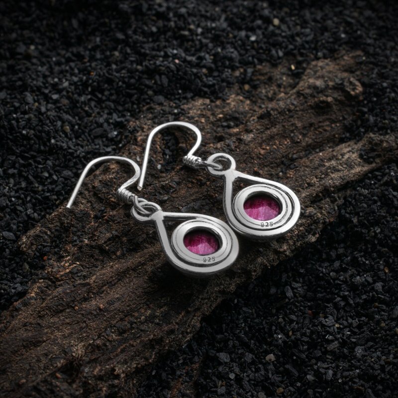 925 Sterling Silver Round Red Ruby Gemstone Drop Dangle Ladies Earrings