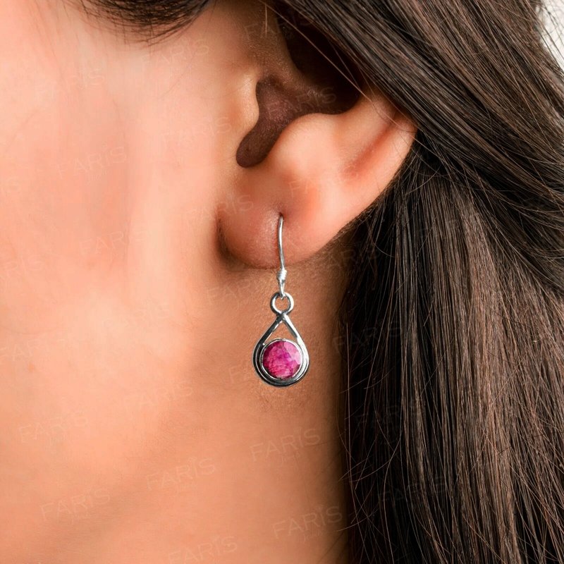 925 Sterling Silver Round Red Ruby Gemstone Drop Dangle Ladies Earrings
