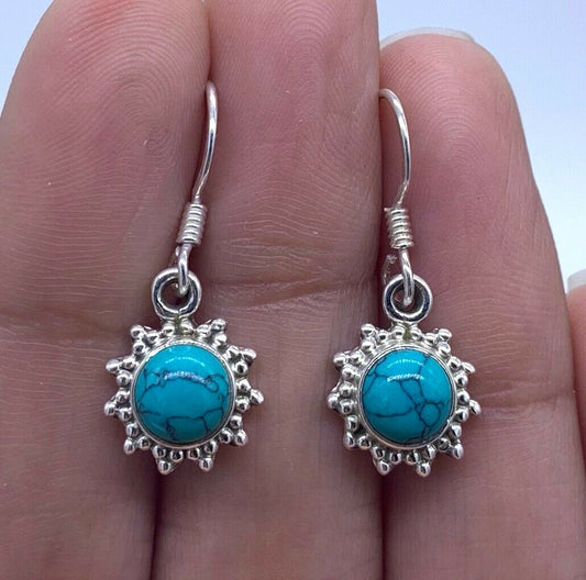 925 Sterling Silver Turquoise Designer Drop Dangle Earrings Gemstone Jewellery - Faris Jewels