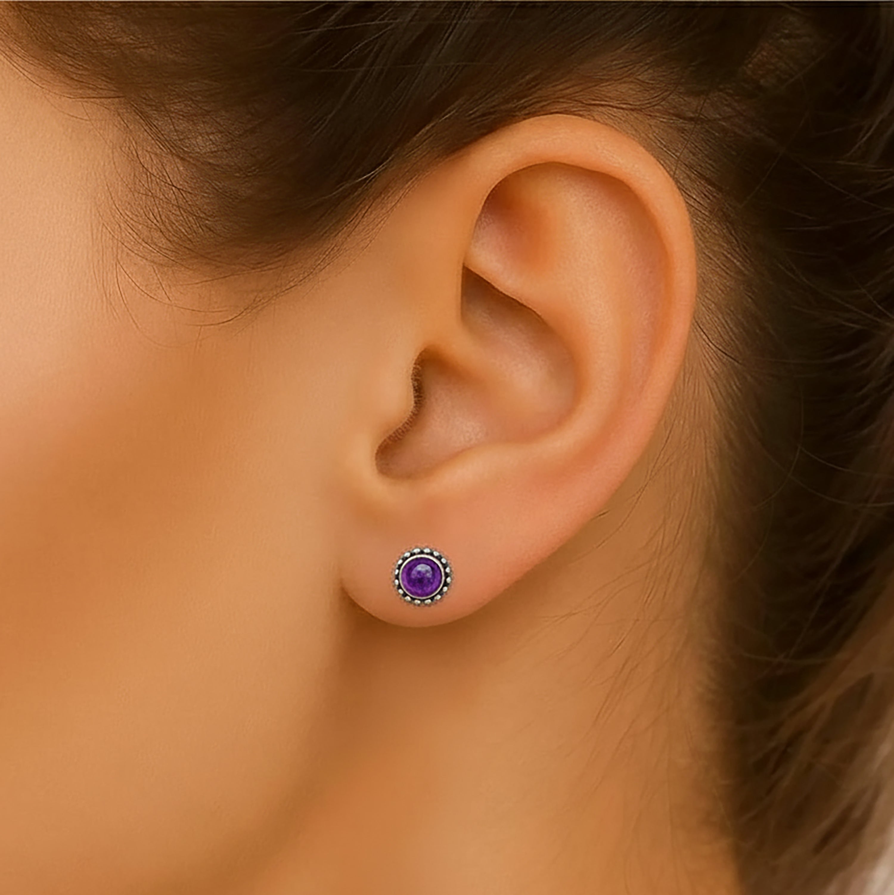 Dainty 925 Sterling Silver Beaded Edge Natural Amethyst Ladies Studs Jewellery Earrings