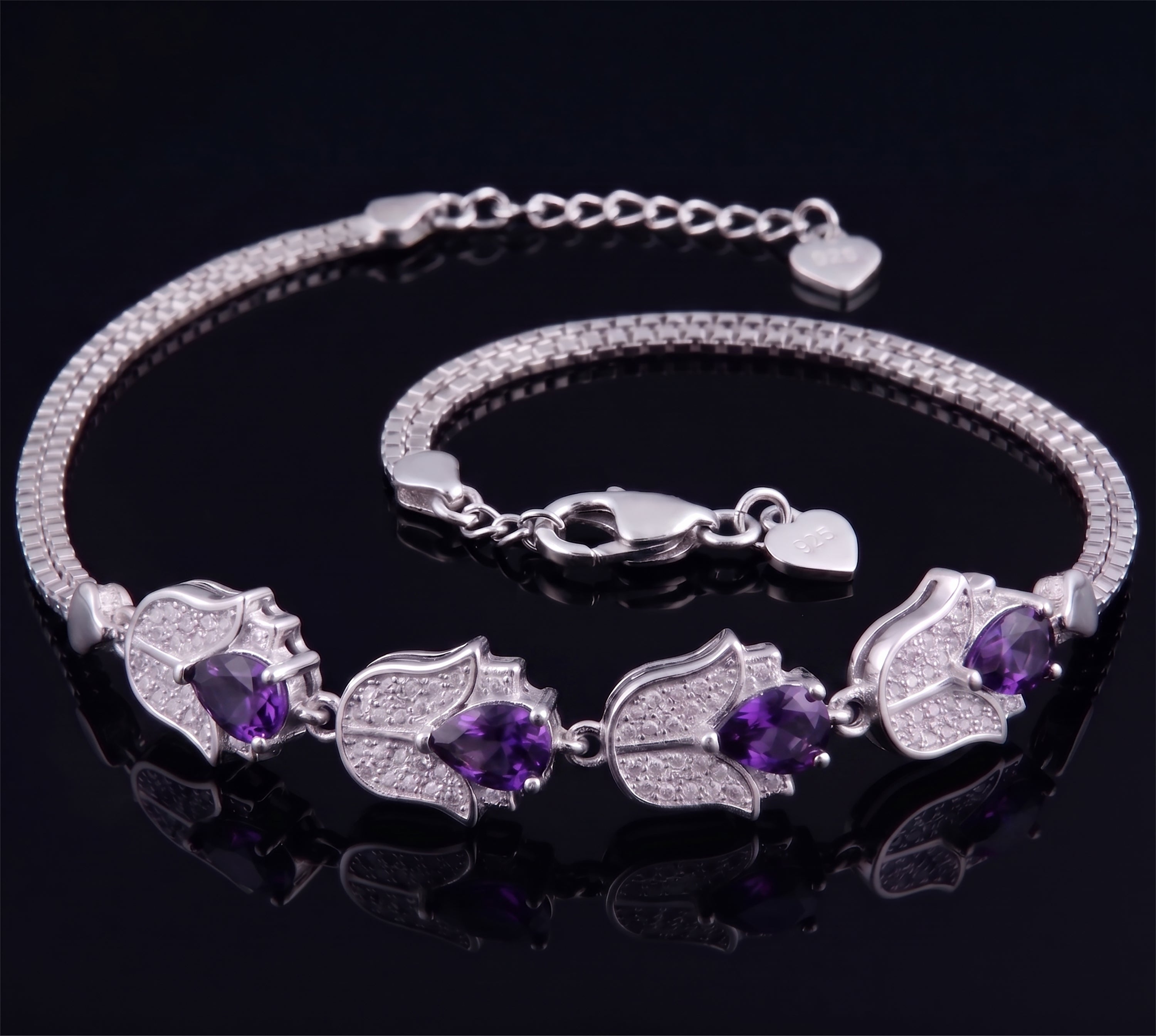 925 Sterling Silver Purple Amethyst & CZ Gemstone Tulip Adjustable Bracelet
