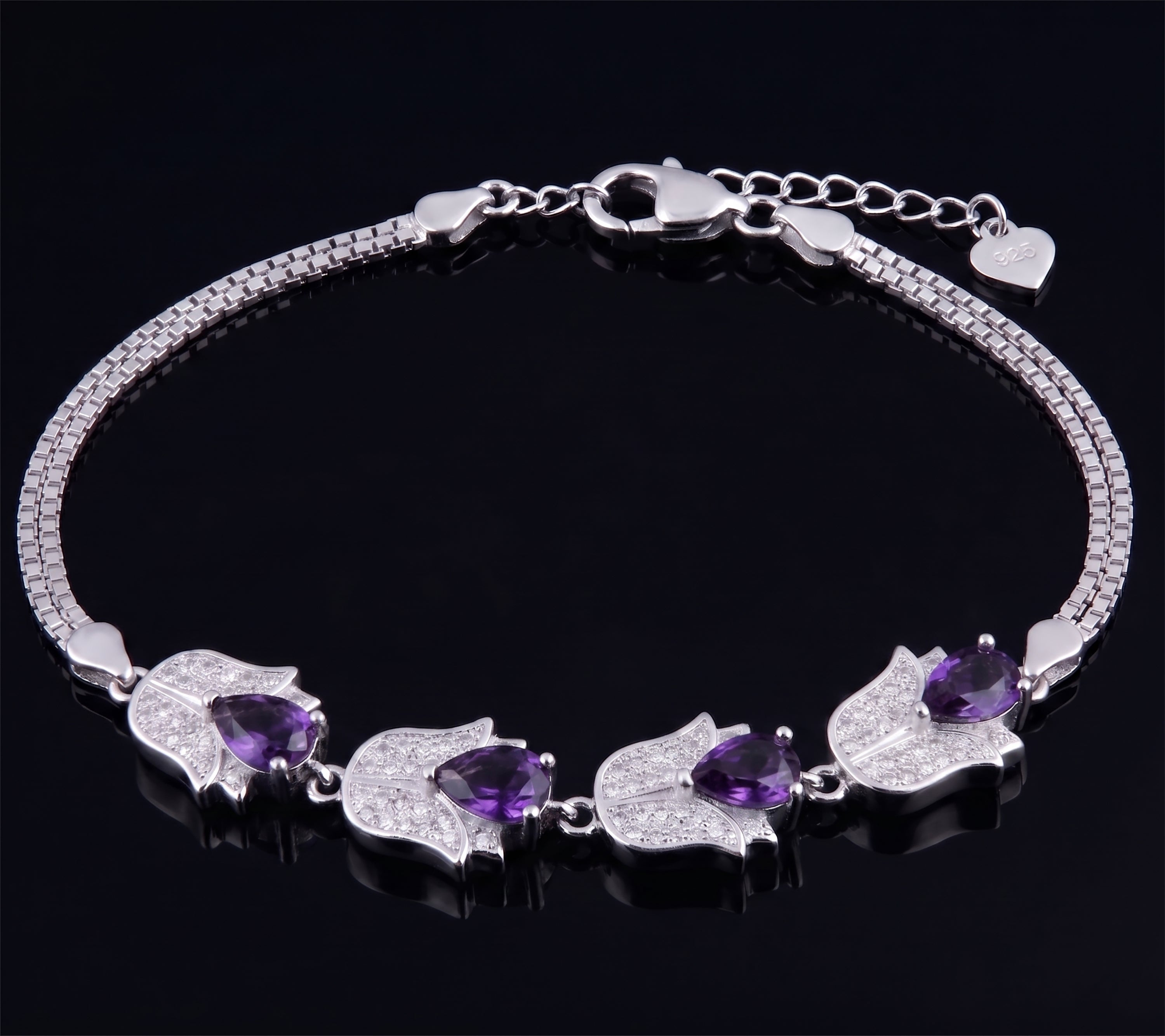 925 Sterling Silver Purple Amethyst & CZ Gemstone Tulip Adjustable Bracelet