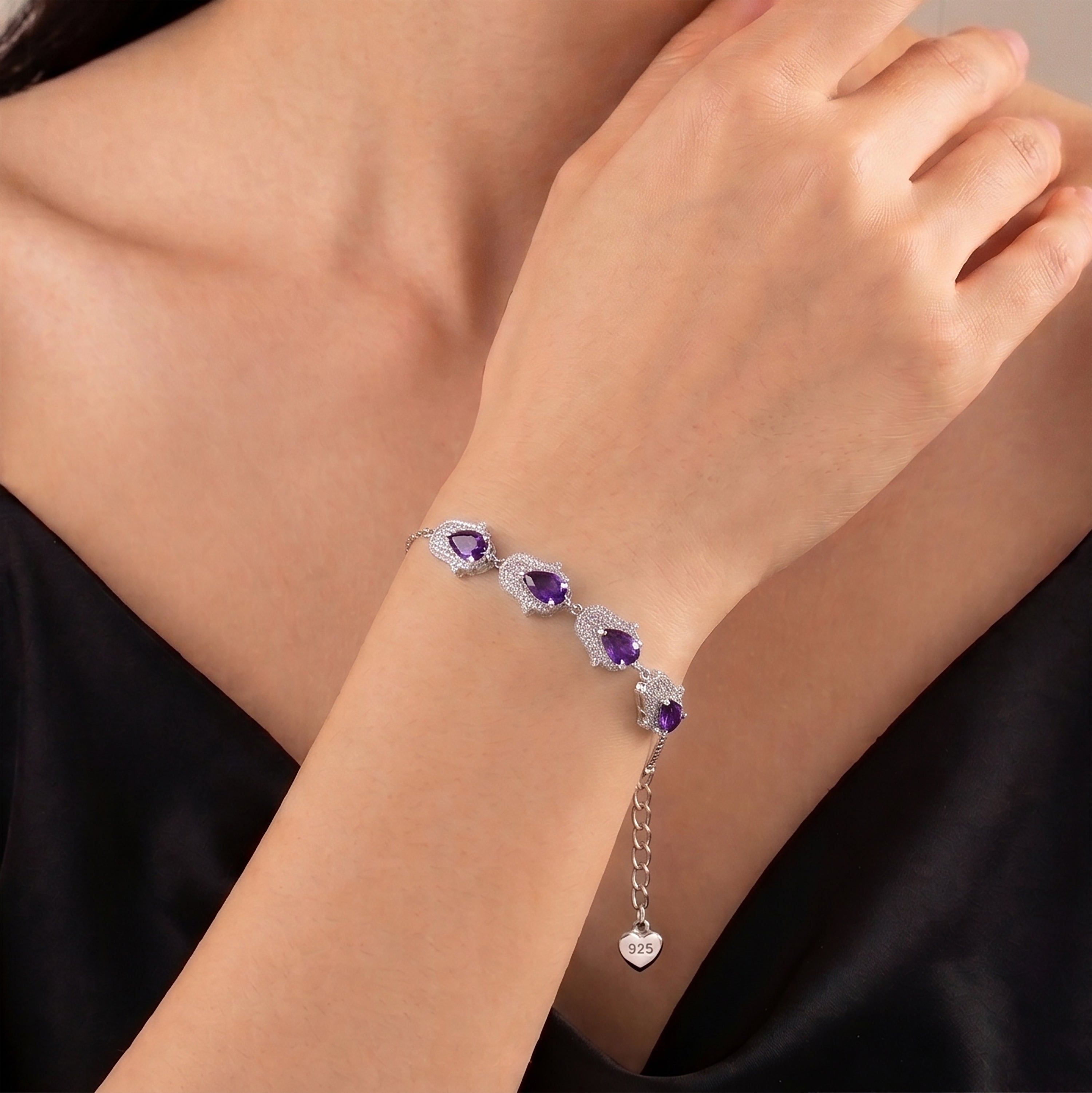 925 Sterling Silver Purple Amethyst & CZ Gemstone Tulip Adjustable Bracelet