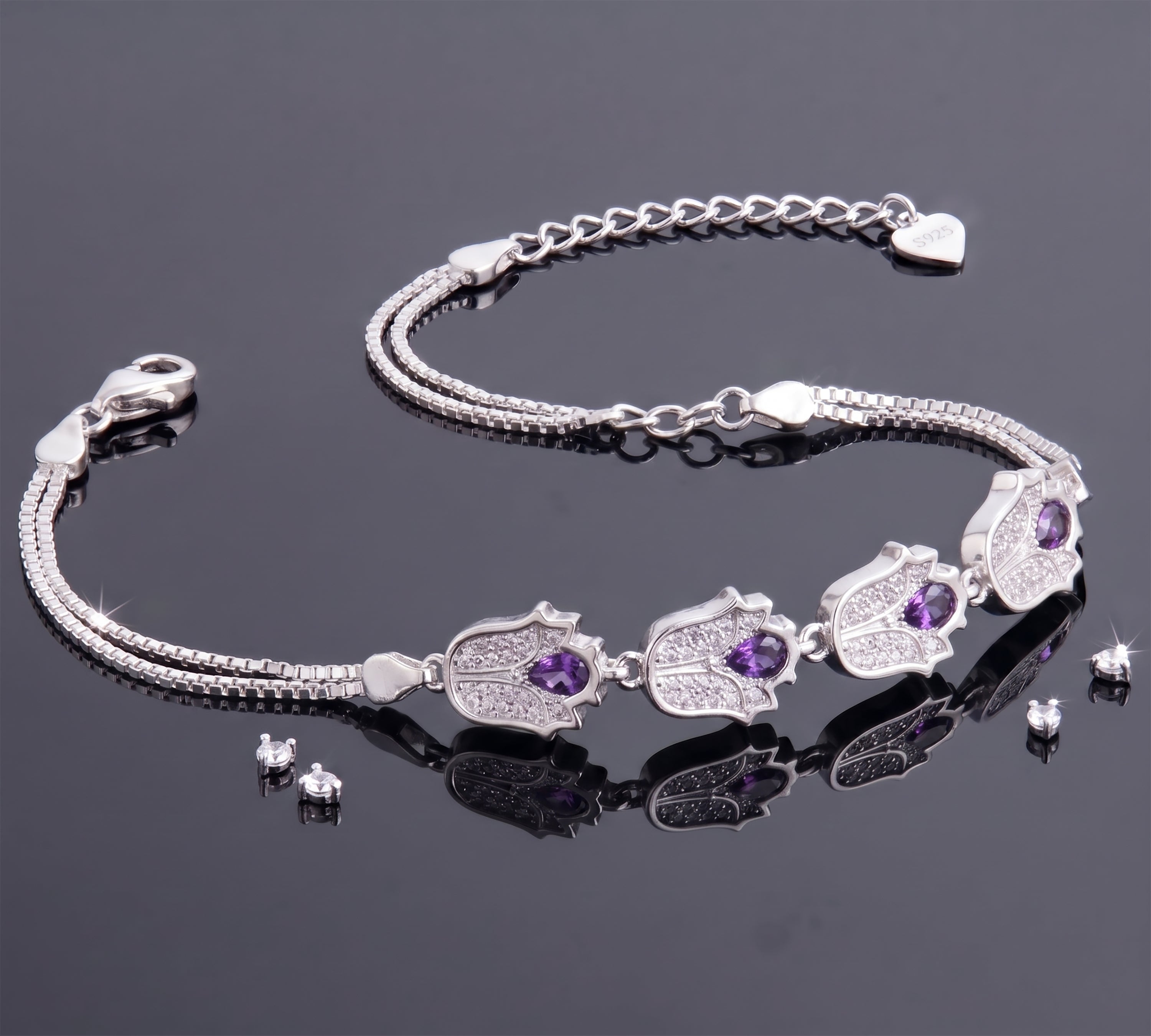 925 Sterling Silver Purple Amethyst & CZ Gemstone Tulip Adjustable Bracelet