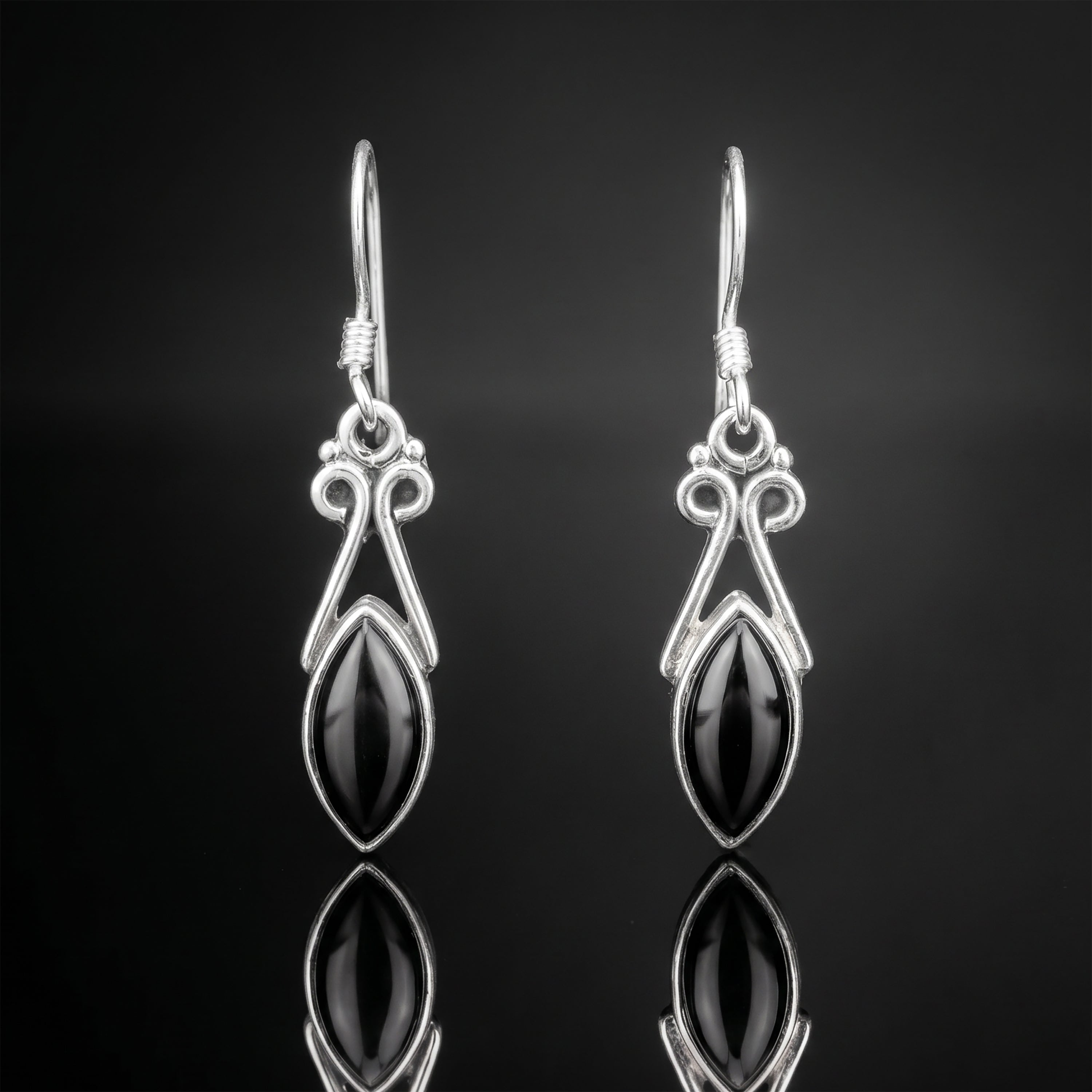 Sterling Silver 925 Ladies Marquise Gemstone Black Onyx Drop Dangle Earrings Jewellery Gift Jewelry
