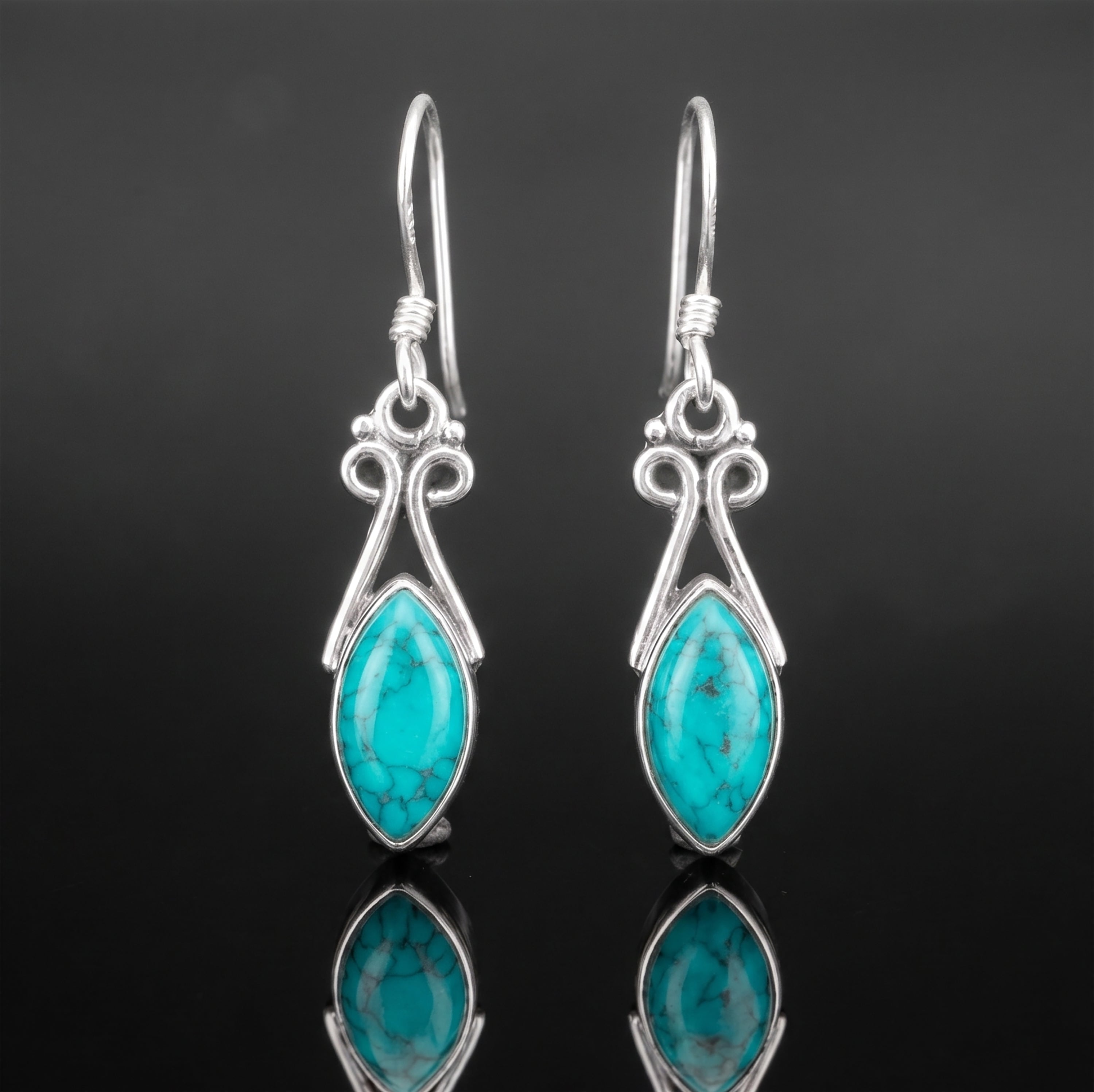 Sterling Silver 925 Ladies Marquise Gemstone Turquoise Earrings