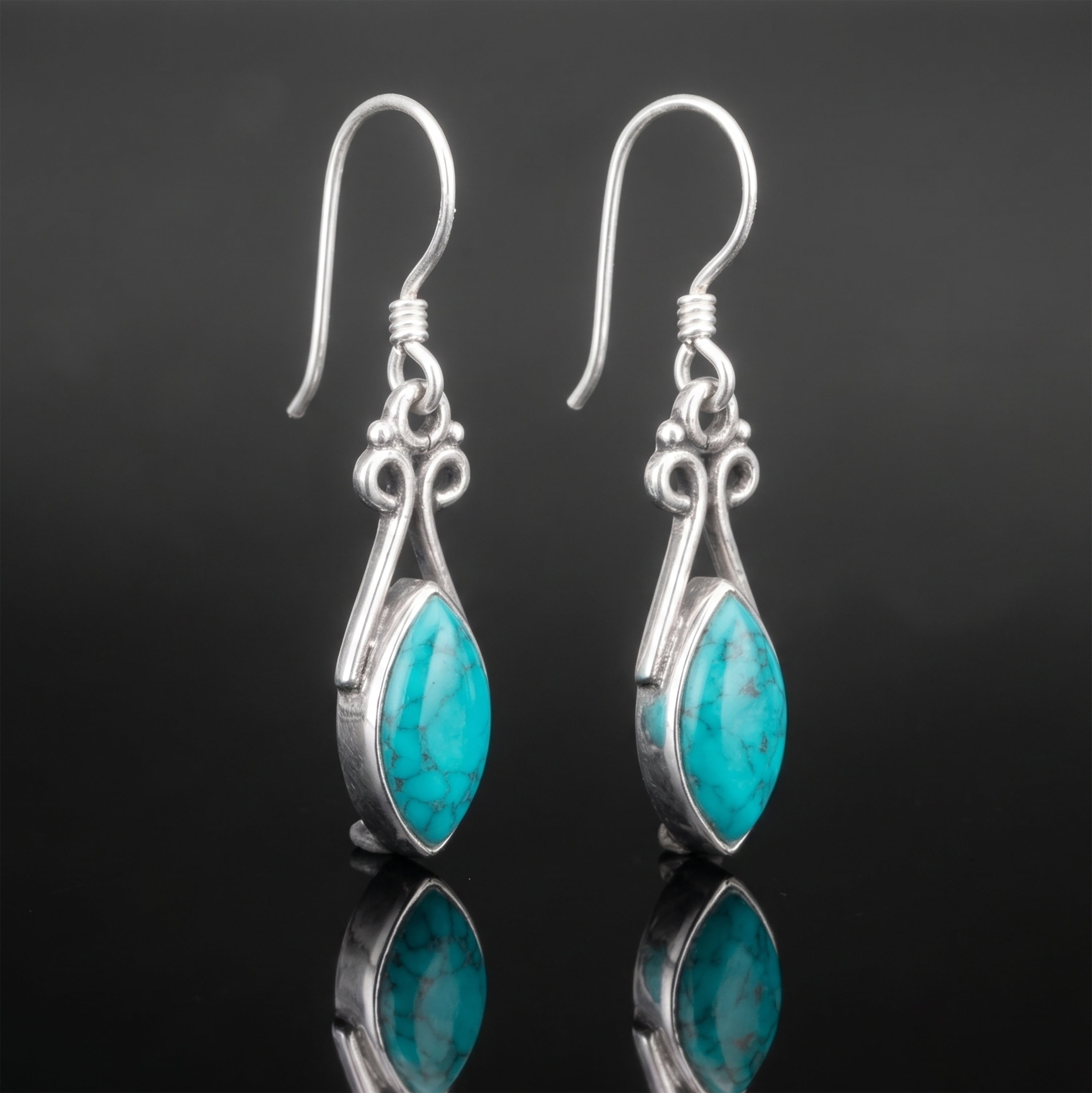 Sterling Silver 925 Ladies Marquise Gemstone Turquoise Earrings