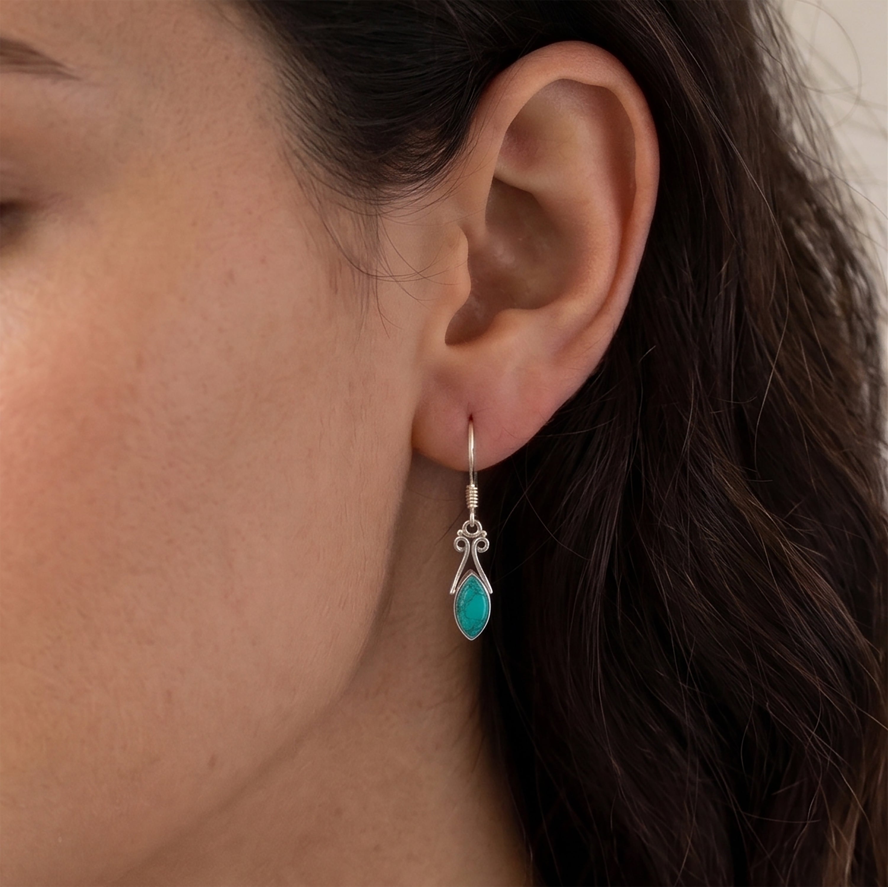 Sterling Silver 925 Ladies Marquise Gemstone Turquoise Earrings