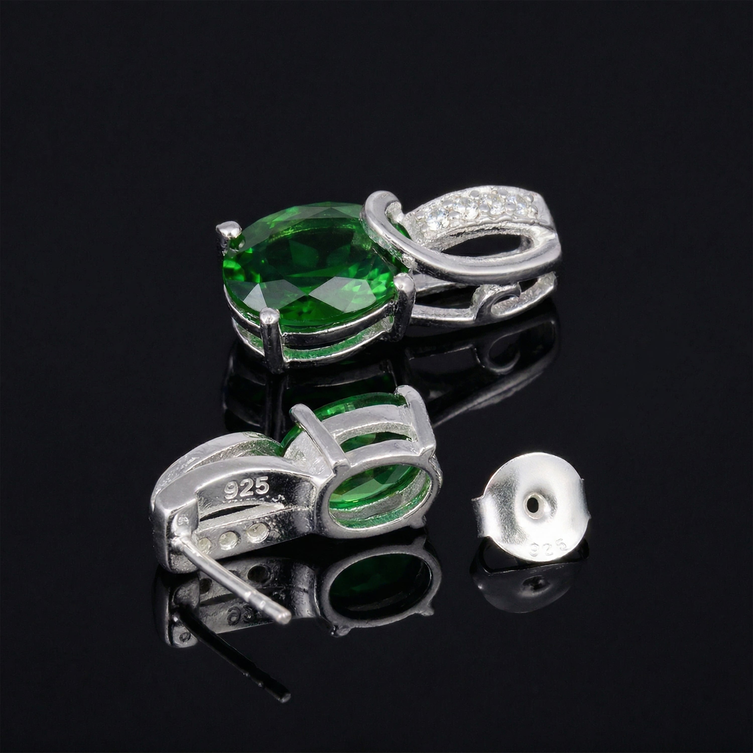 Sterling Silver Emerald & White Quartz Drop Earrings