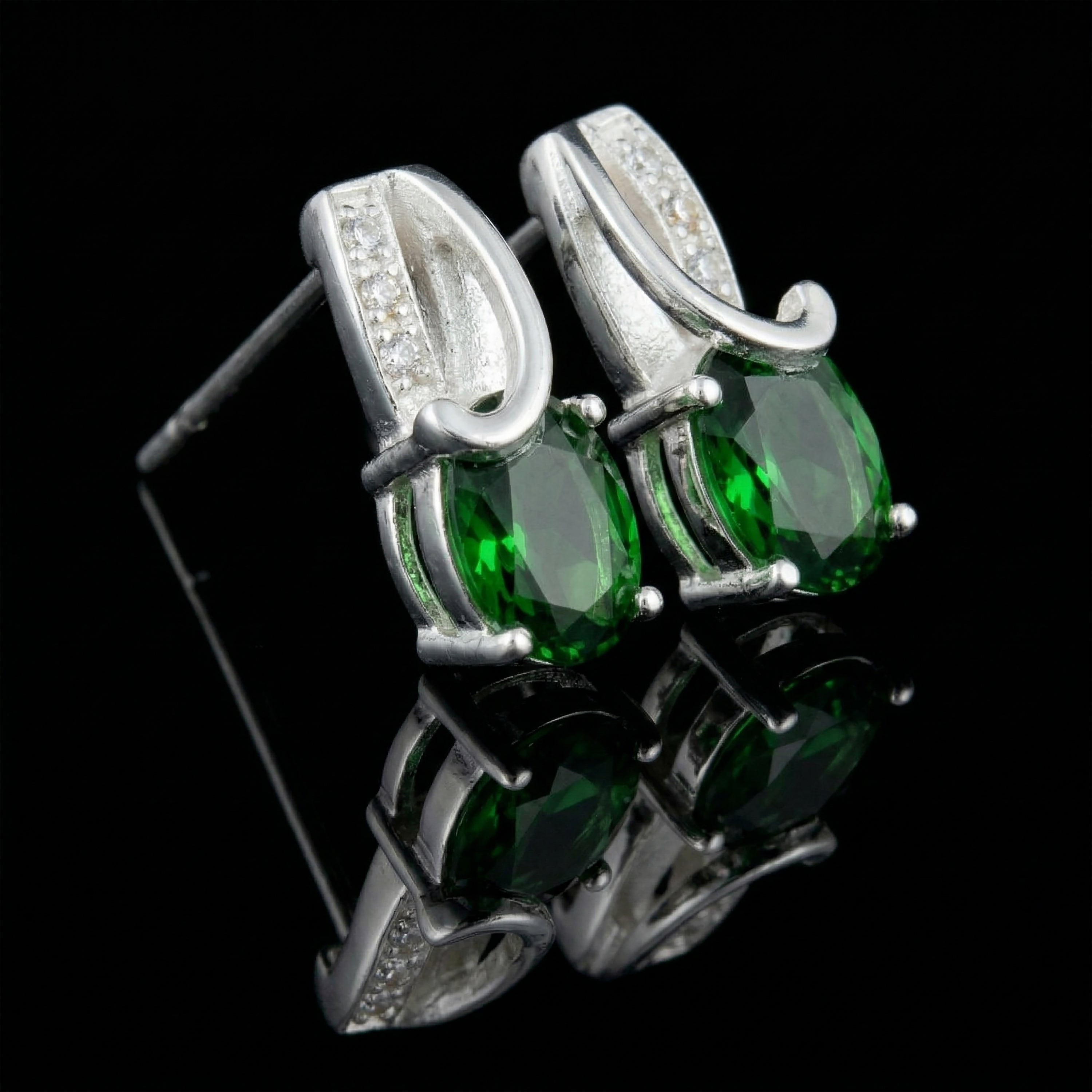 Sterling Silver Emerald & White Quartz Drop Earrings