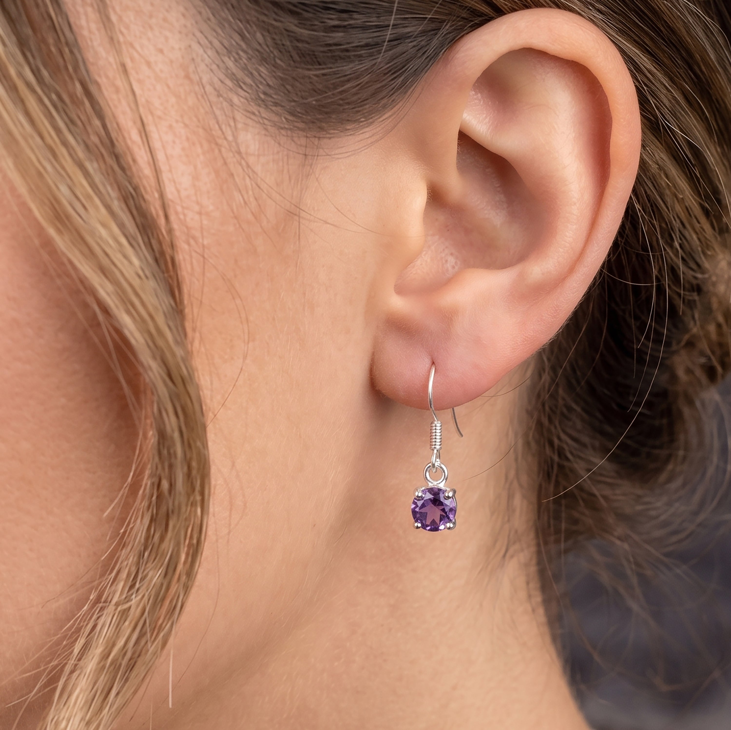 925 sterling silver faceted natural purple amethyst round drop dangle earring