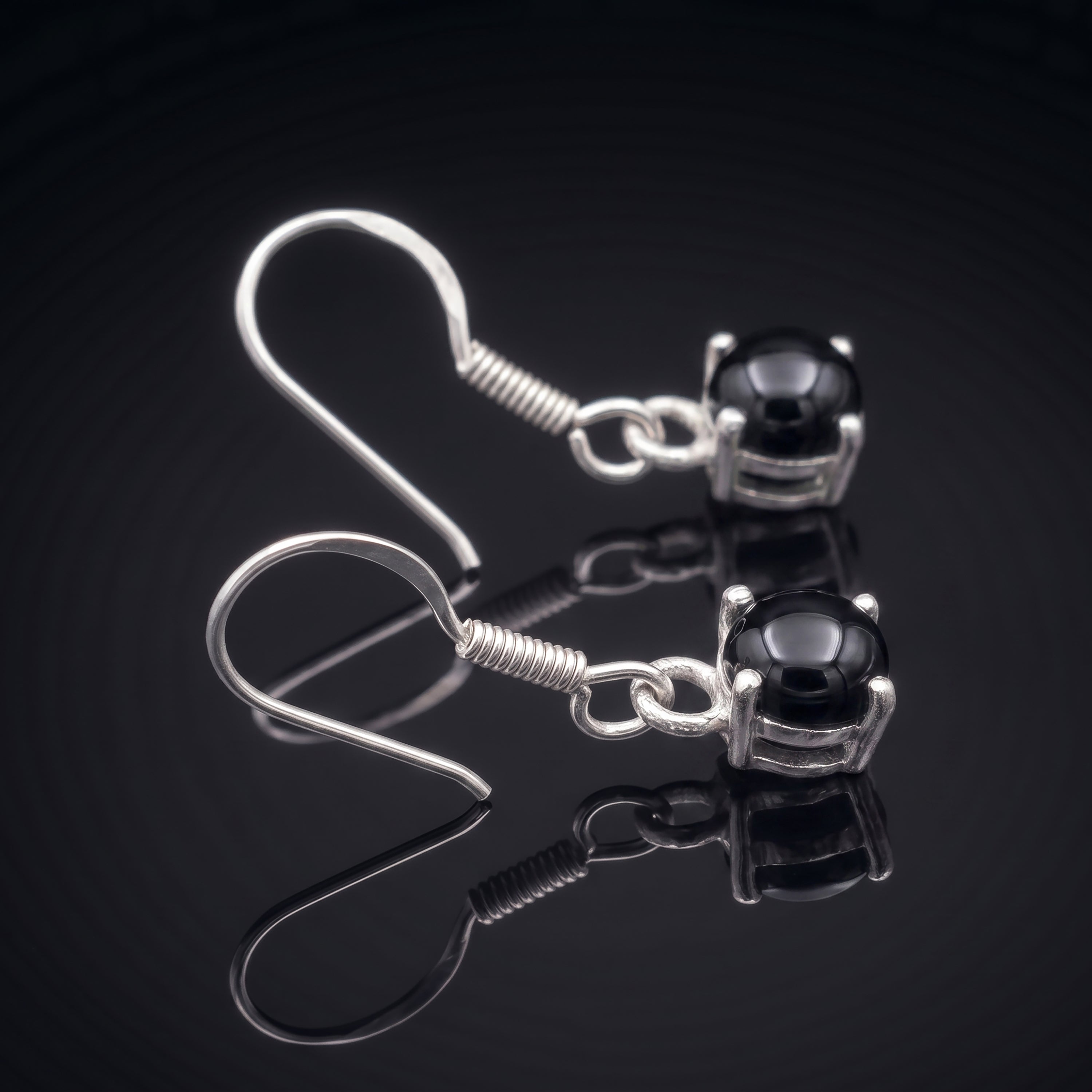 925 Sterling Silver Cabochon Natural Black Onyx Drop Earrings