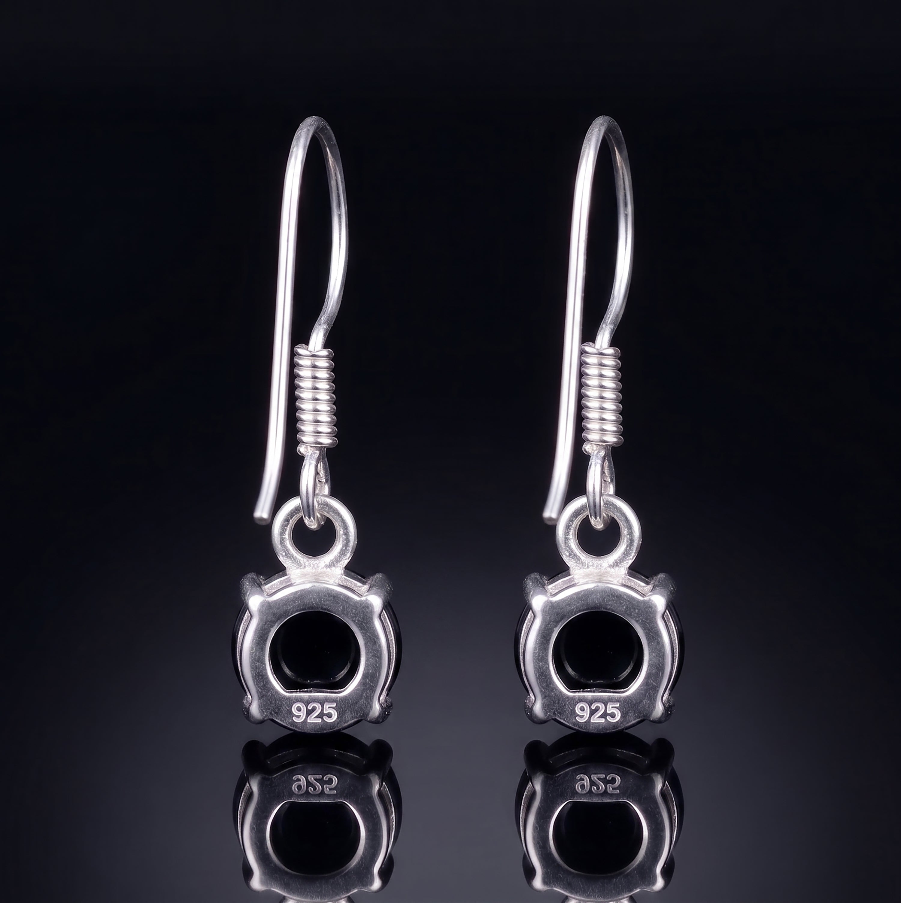 925 Sterling Silver Cabochon Natural Black Onyx Drop Earrings