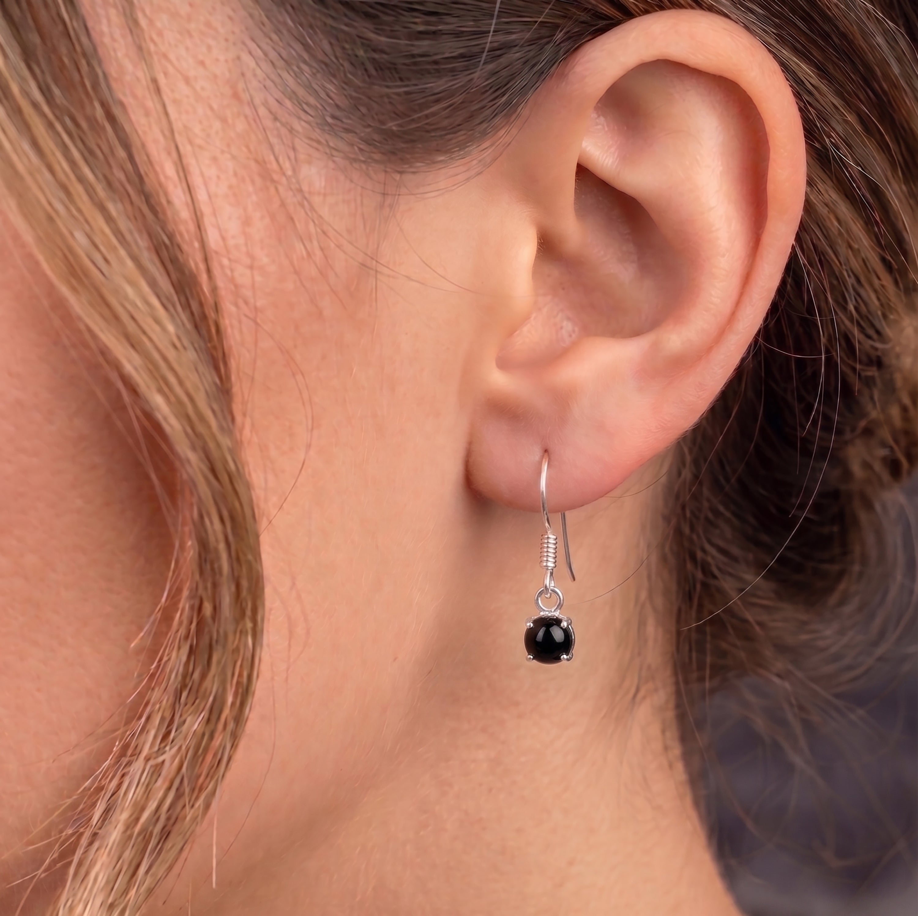 925 Sterling Silver Cabochon Natural Black Onyx Drop Earrings