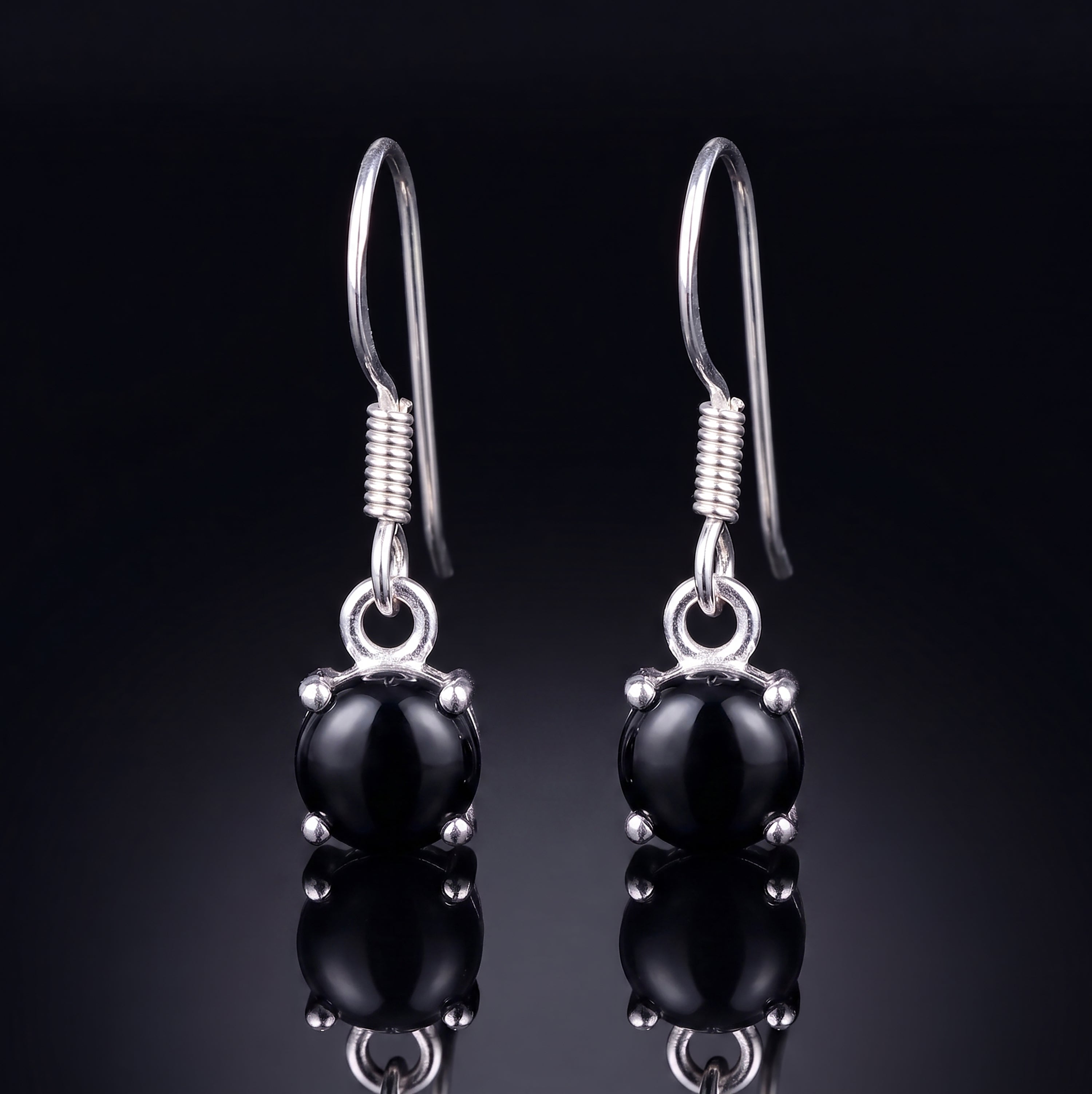 925 Sterling Silver Cabochon Natural Black Onyx Drop Earrings