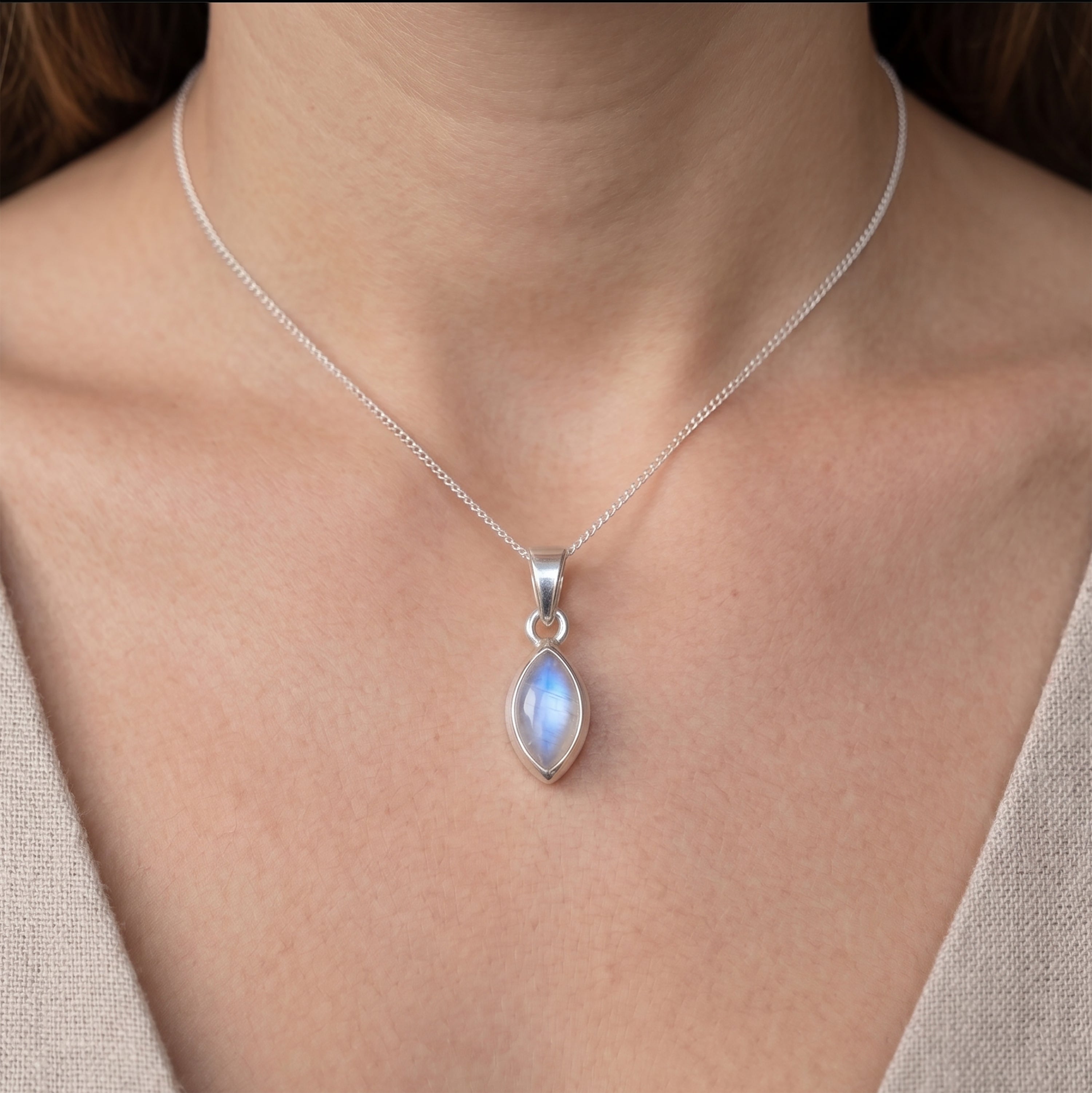 Sterling Silver 925 Marquise Cut Moonstone Pendant Necklace Ladies Jewellery