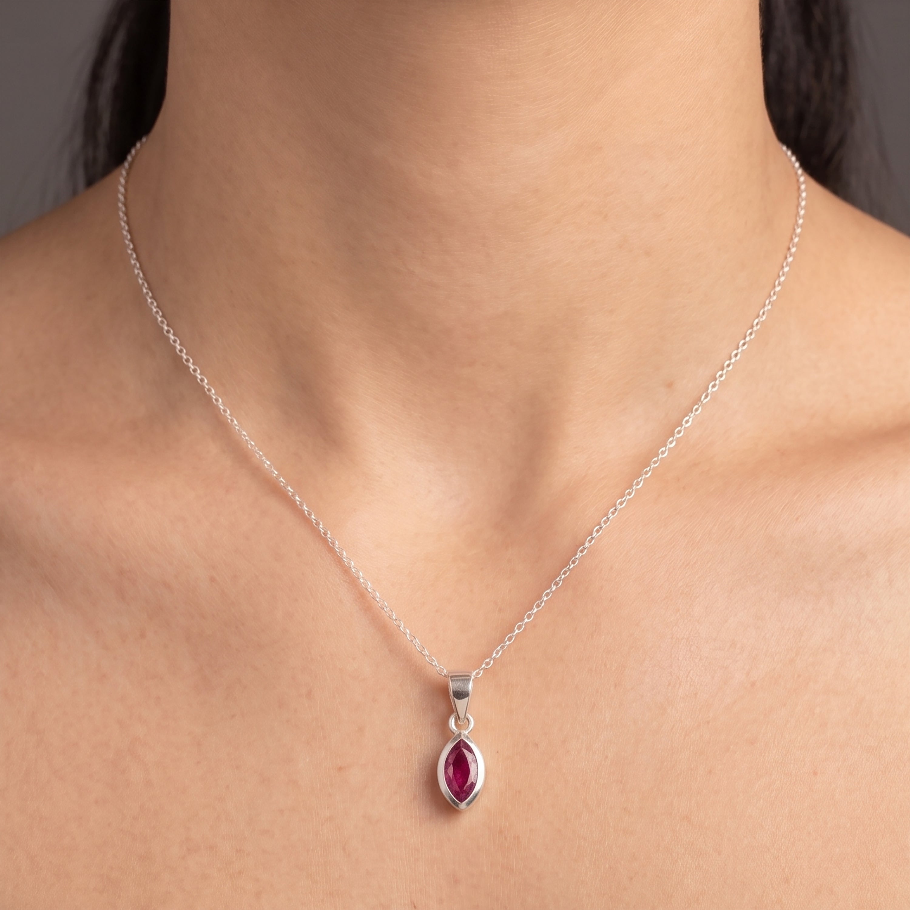 Sterling Silver 925 Marquise Cut Ruby Pendant Necklace Ladies Jewellery