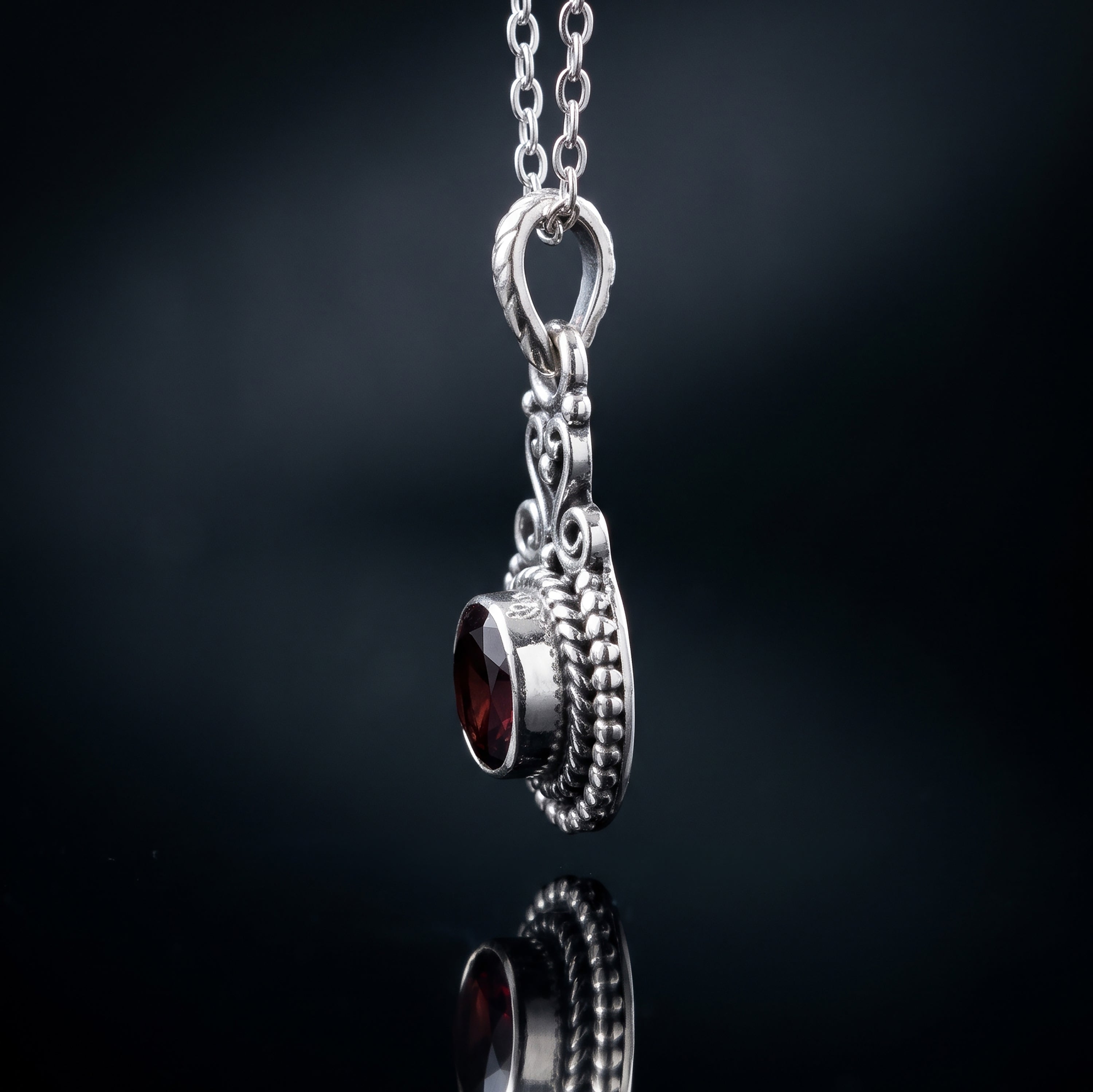 925 Sterling Silver Garnet Drop Pendant Necklace