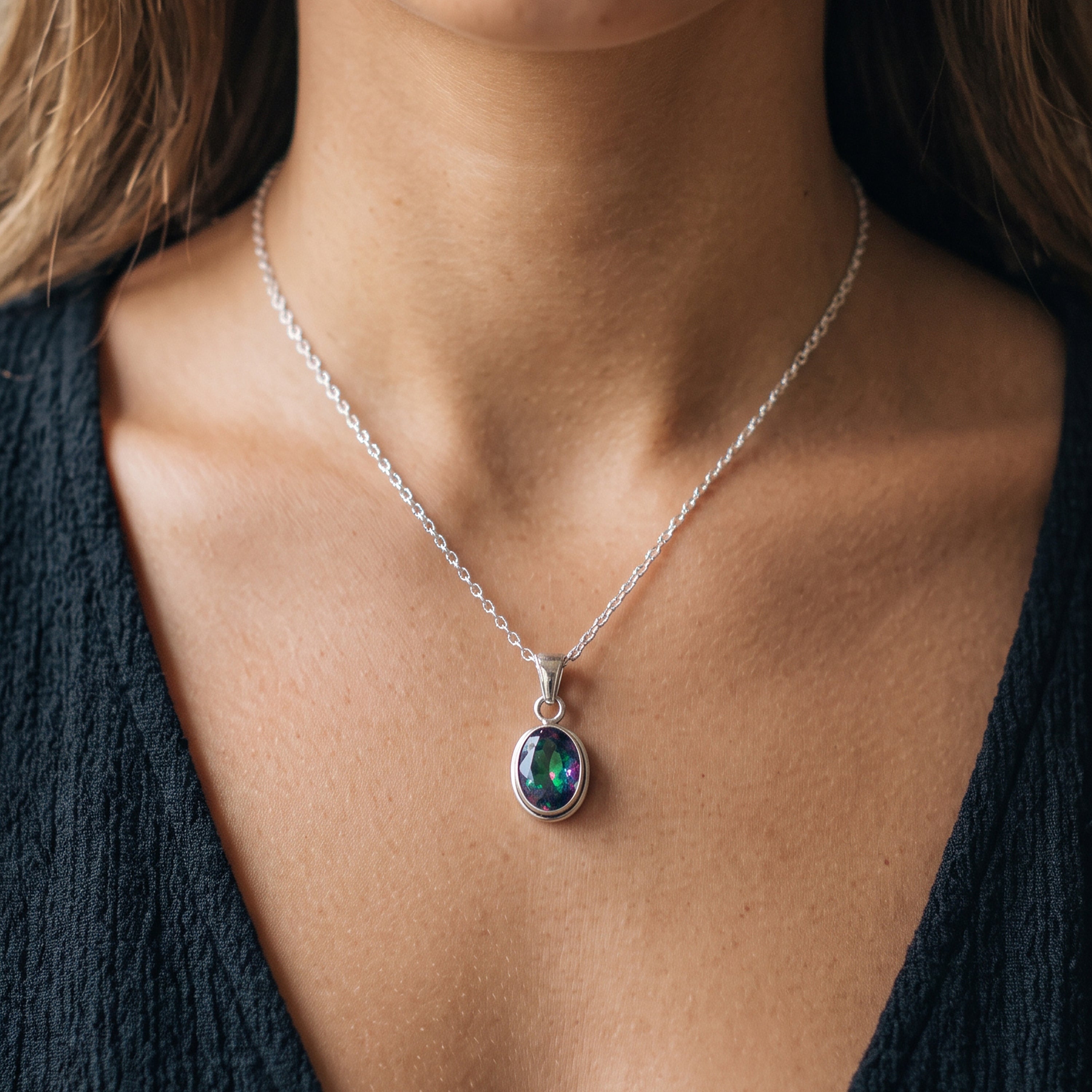 Oval Cut Sterling Silver 925 Mystic Topaz Pendant Gemstone Designer Necklace