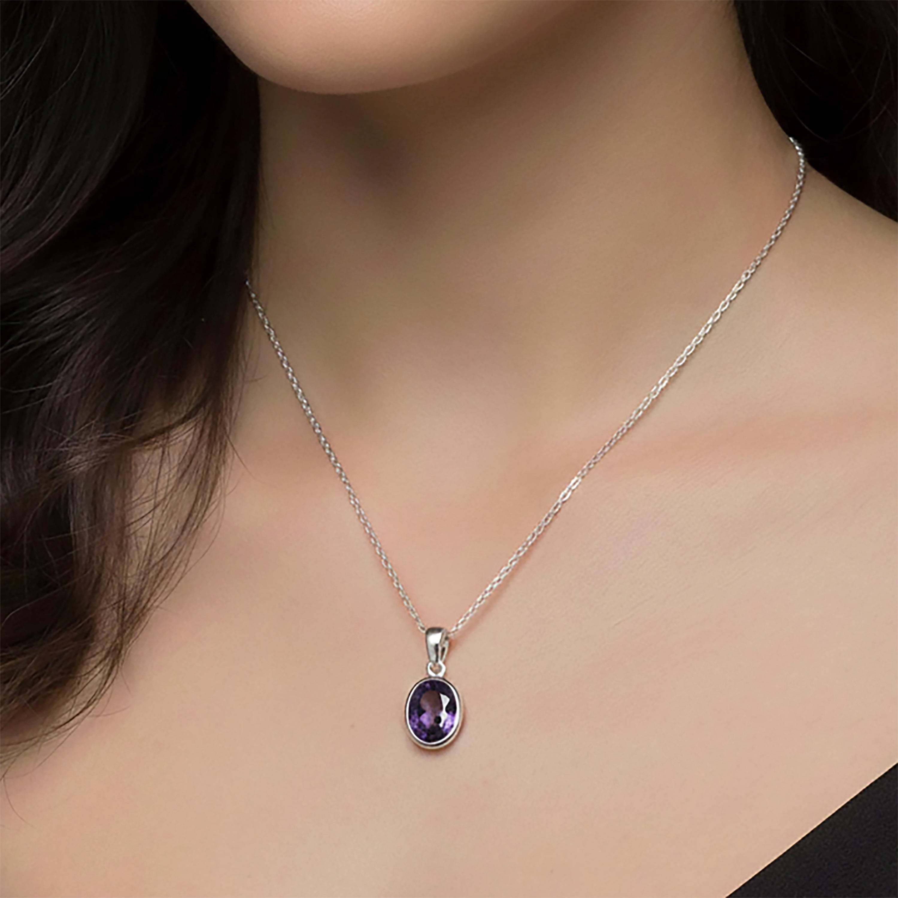 Oval Amethyst Pendant Necklace in Solid 925 Sterling Silver