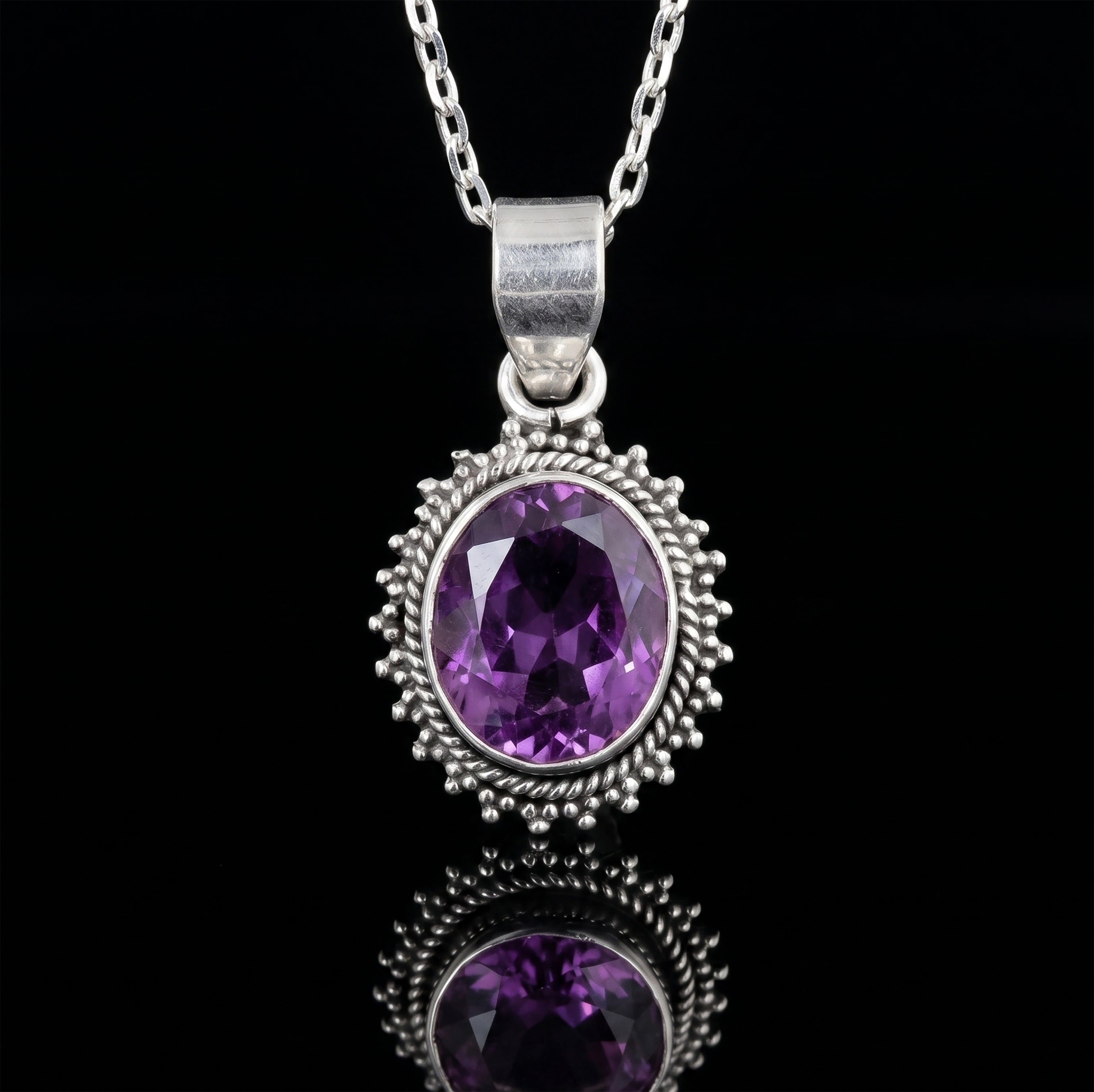 Sterling Silver Amethyst Pendant Necklace - Oval Purple Gemstone