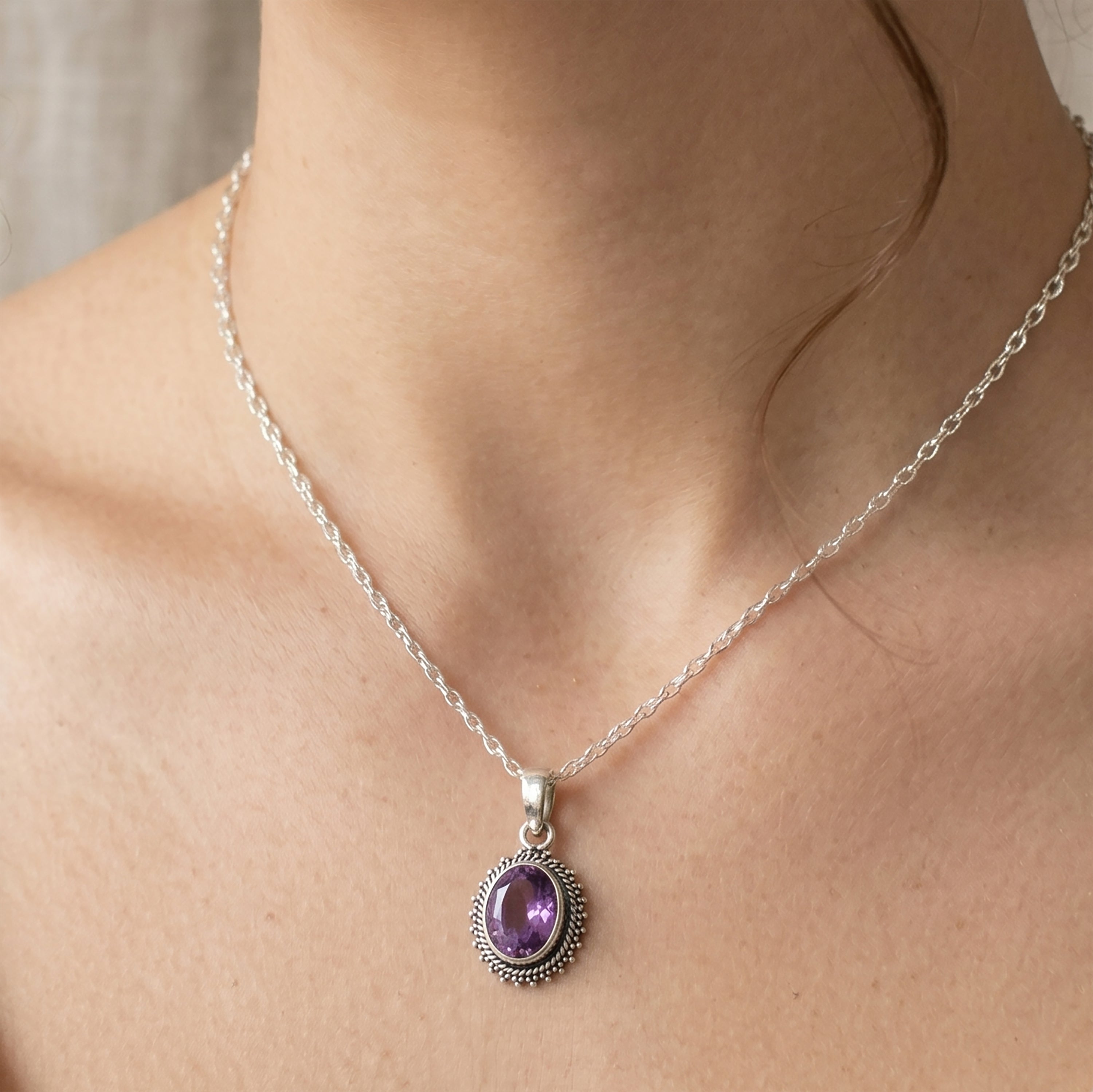 Sterling Silver Amethyst Pendant Necklace - Oval Purple Gemstone