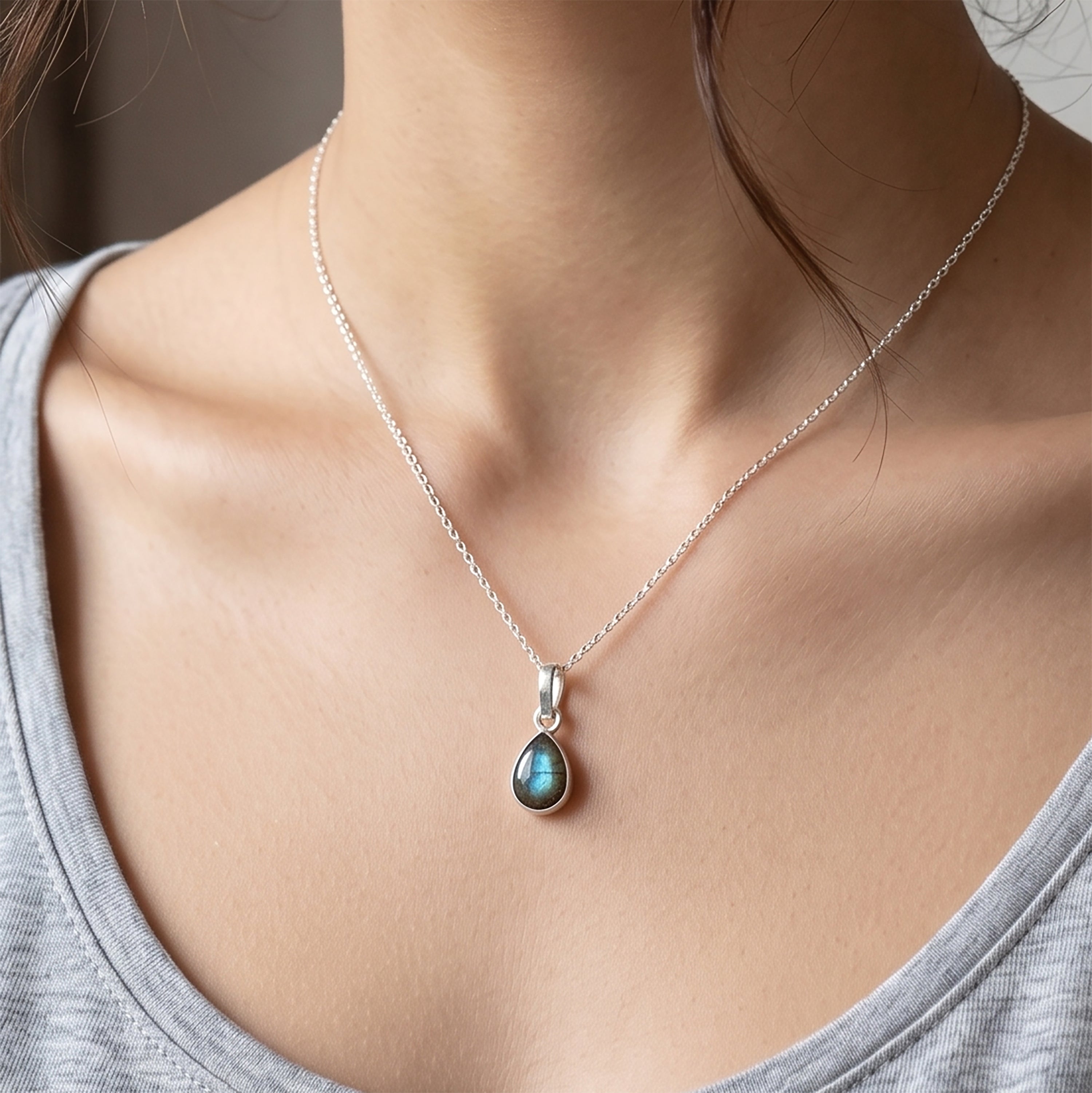 Pear Cut Labradorite Gemstone Sterling Silver Pendant Necklace
