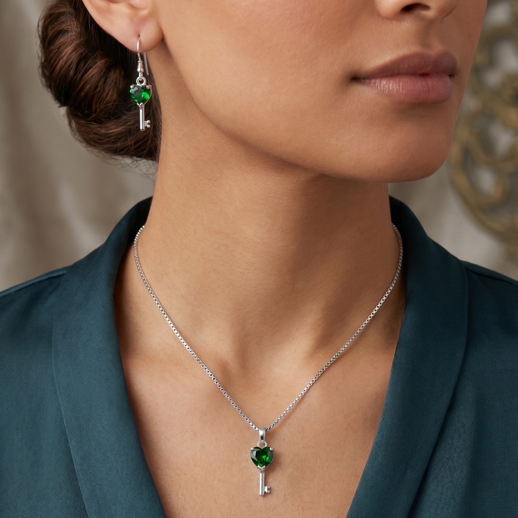 Green Emerald Gemstone Pendant and Earring Set Key To My Heart Gift Jewellery