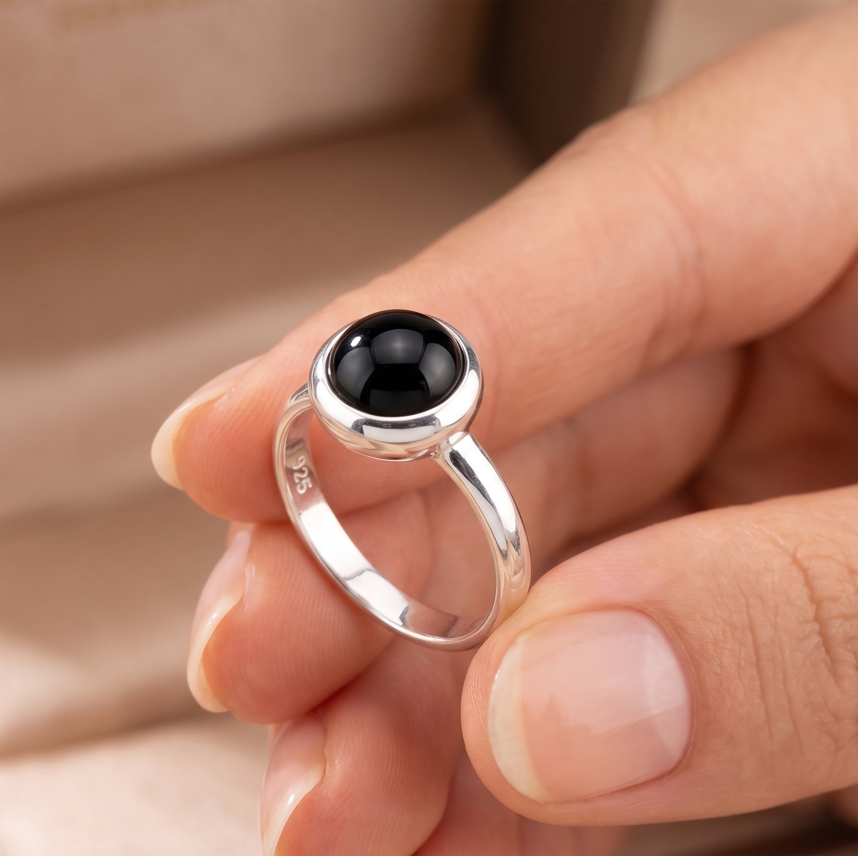 Black Onyx Round Ring in Hallmarked 925 Sterling Silver