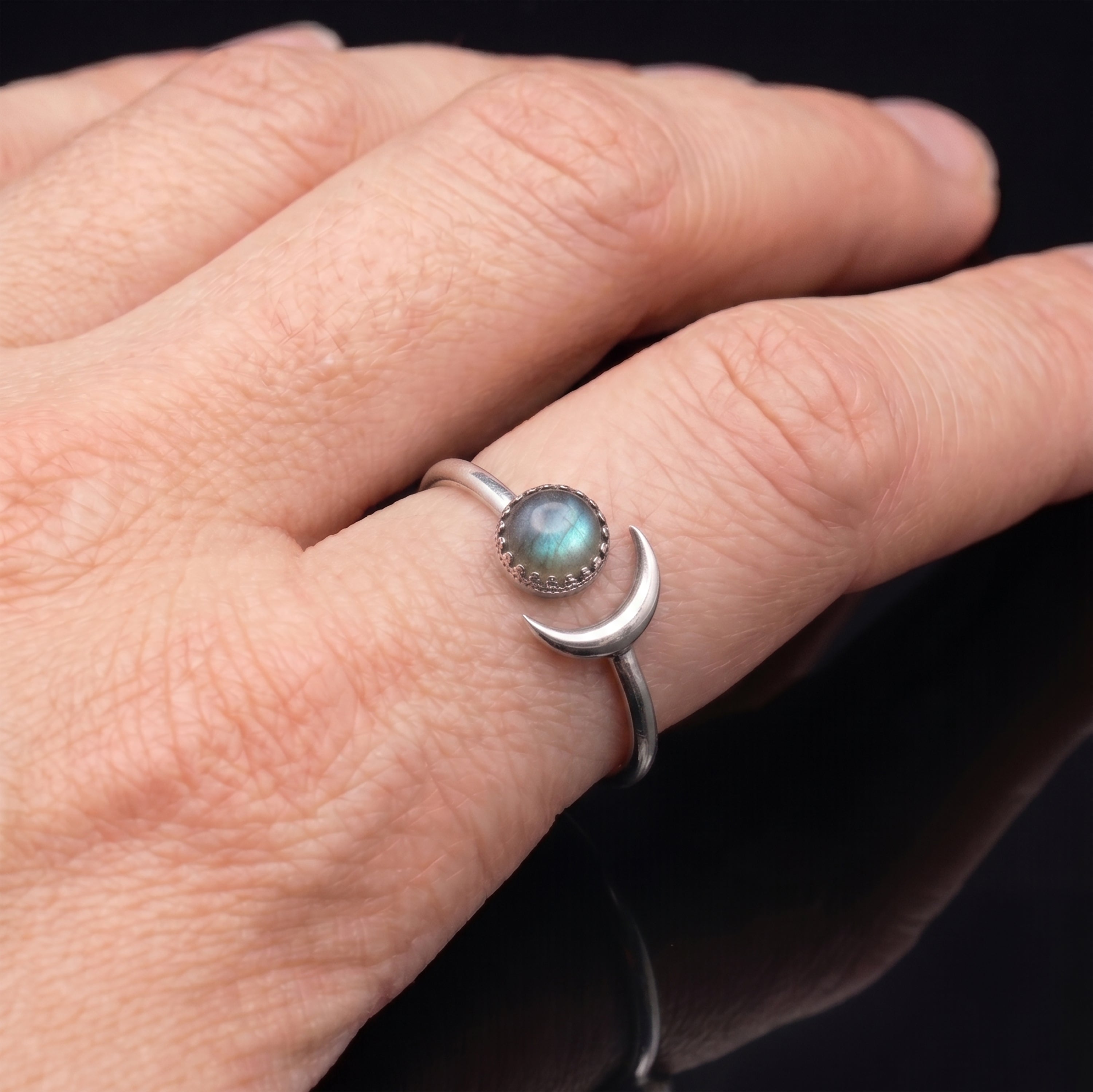 Handmade Sterling Silver Labradorite Crescent Moon Ring