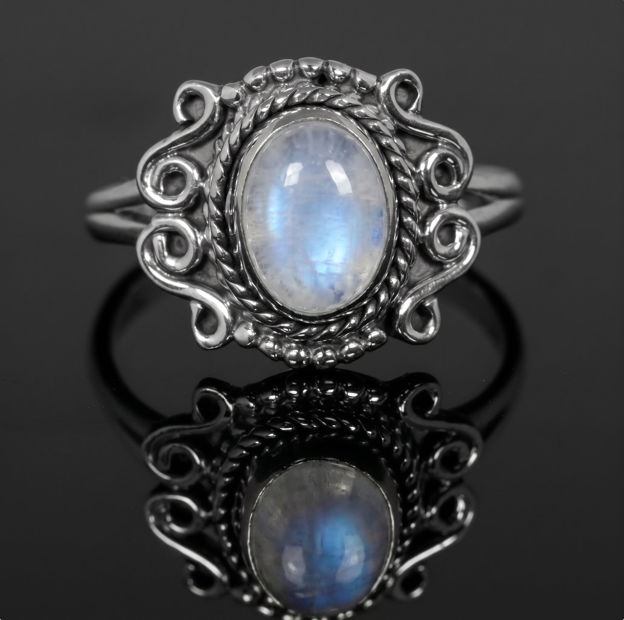 925 Sterling Silver Natural Moonstone Ring | Ladies Boho Filigree Band